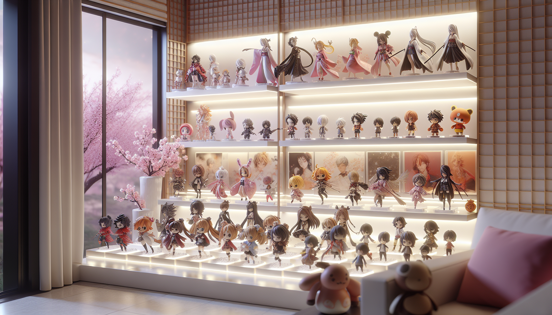 Featured image of anime Nendoroid and Figma figures by Good Smile Company on sleek shelves with Japanese motifs, vibrant and modern display.