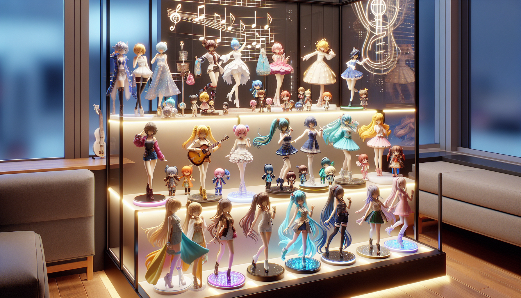 Colorful Vocaloid figures of Hatsune Miku, Rin, Len, and Luka displayed on a modern shelf with musical notes in the background.