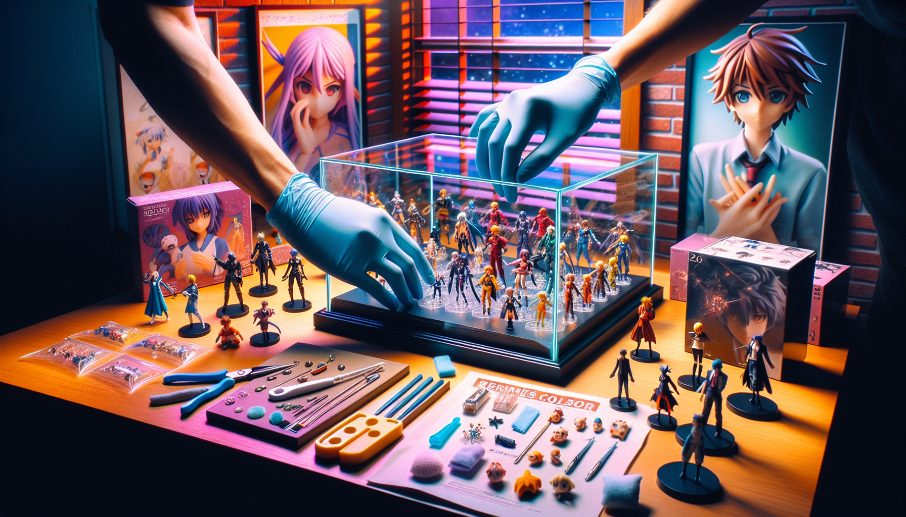 Collector’s gloved hands holding an intricate Atelier Ryza anime figure on a glass shelf with more detailed figures, tools, and Ryza game art in background.