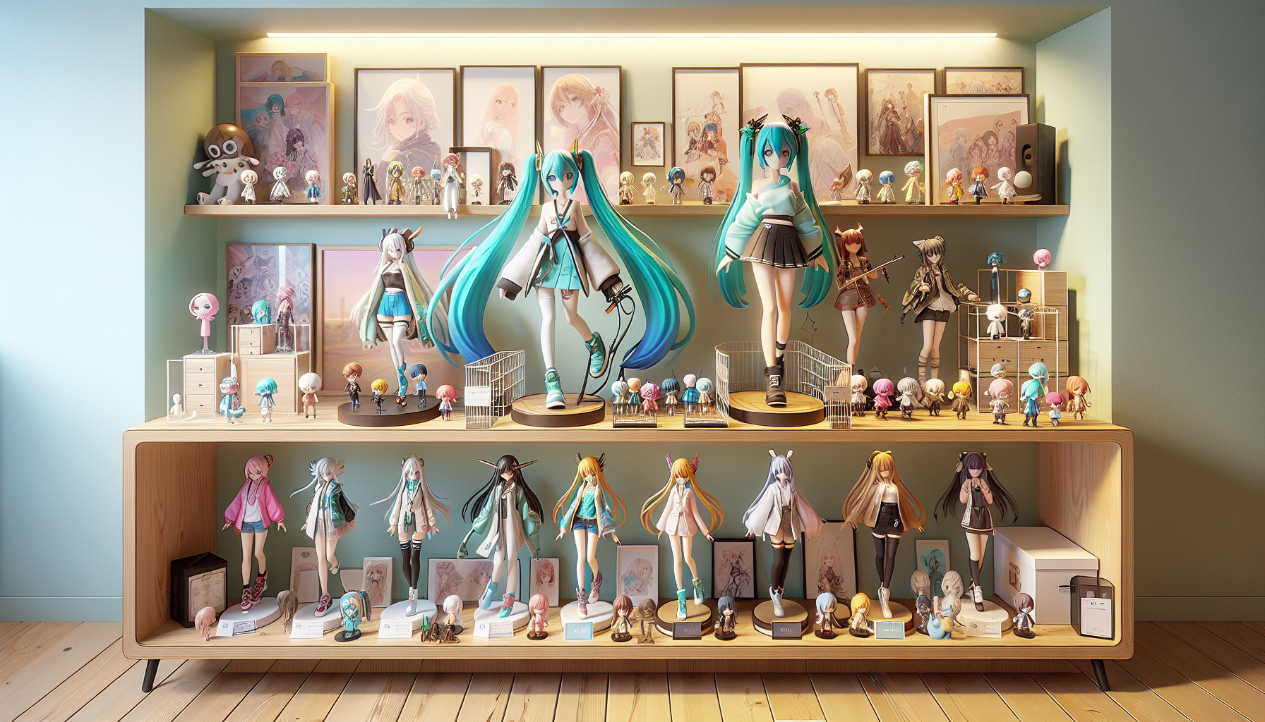 Vibrant display shelf with detailed Luo Tianyi anime figures in dynamic poses, Scandinavian decor, and collectors’ accessories in cozy lighting.