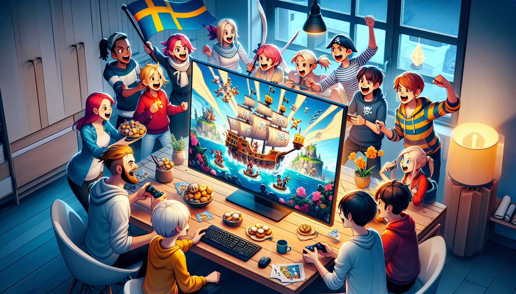 Diverse Swedish teens play Blox Fruits on Roblox in a cozy room, with a Swedish flag, fika pastries, and the game’s vibrant pirate adventure on screen.
