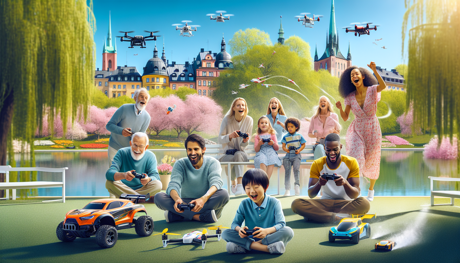 Families and children enjoying RC cars, drones, and boats in a blooming Nordic park, Sweden, during spring; lively, joyful outdoor scene.