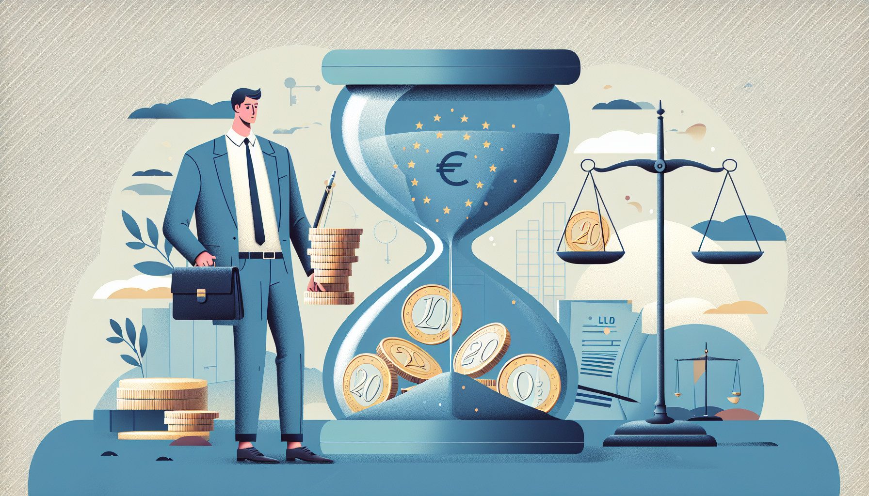 Illustration of Ley de Segunda Oportunidad in Spain: person with hourglass, euro coins, legal papers, justice scales, and Spanish flag.