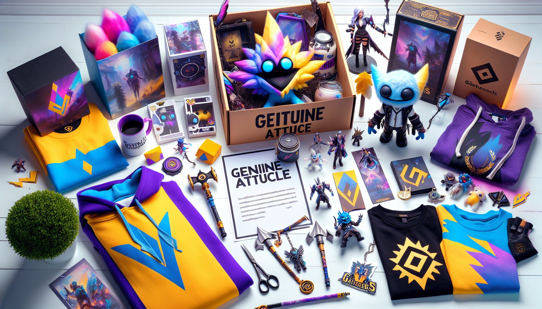 Flat lay of Fortnite merchandise on white background: hoodie, Peely figurine, Funko Pop, mug, pickaxe, keychains, stickers, Swedish tags.