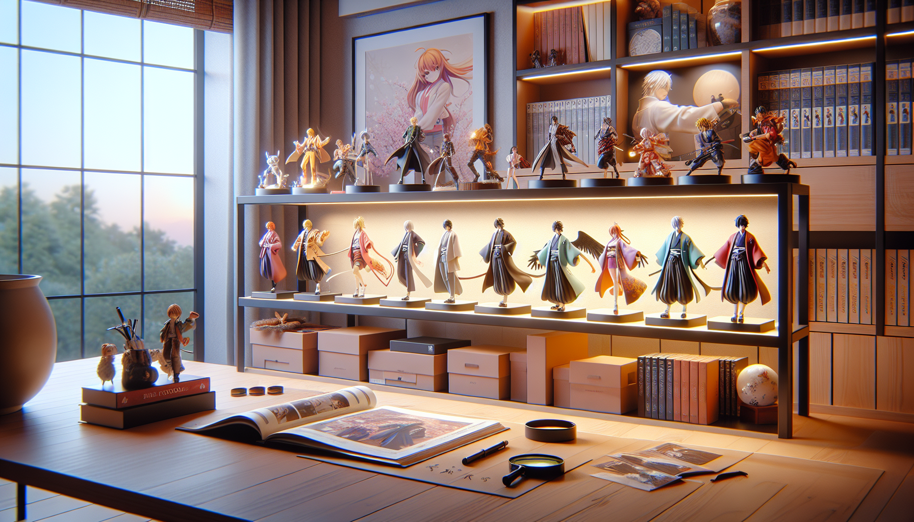 Modern display shelf showcasing vibrant Furyu anime figures with collector accessories in a stylish room for a figure collector's guide blog.