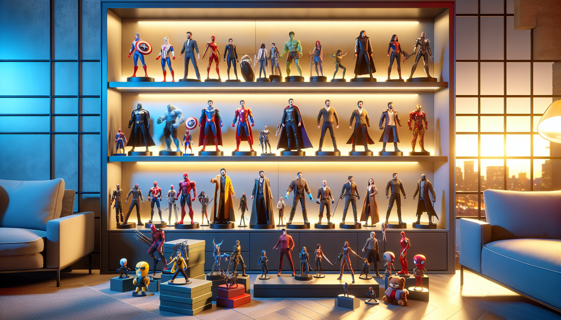 Modern collector's shelf displaying diverse, colorful action figures with subtle brand elements, highlighting quality and variety in toy collecting.