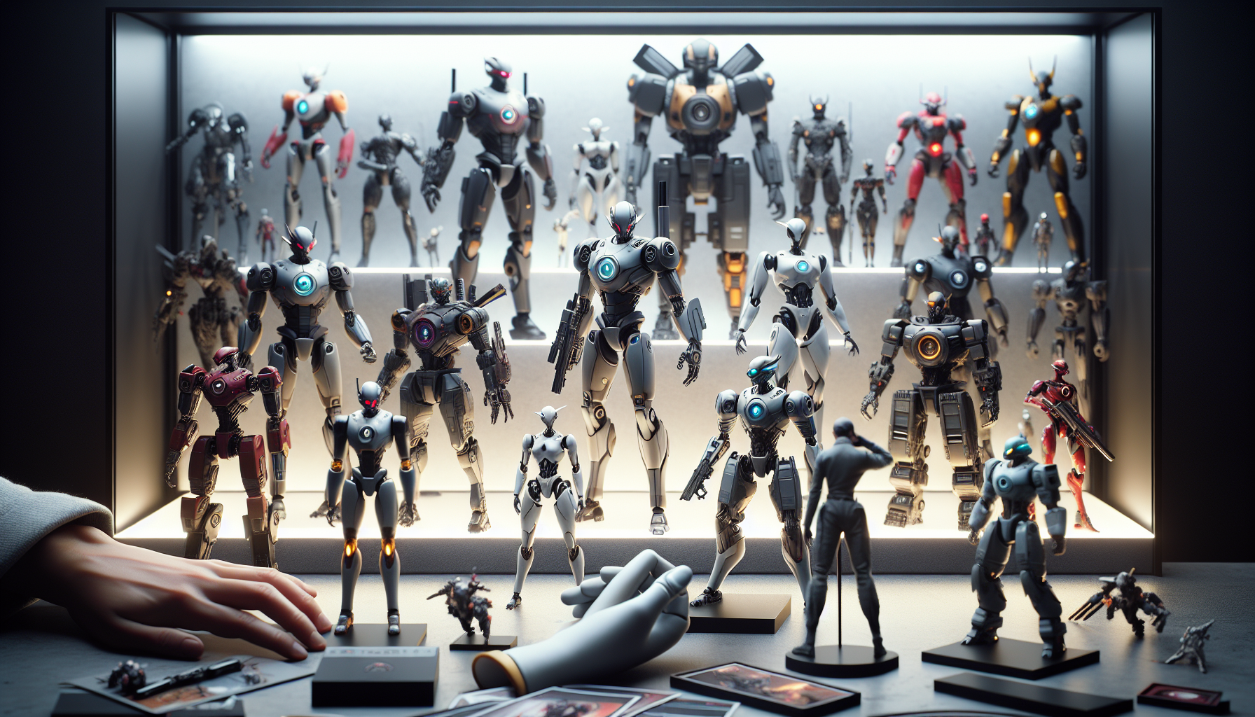 Premium robot action figures in dynamic poses on display shelf, highlighting 1000toys’ detailed designs and collector exclusivity.