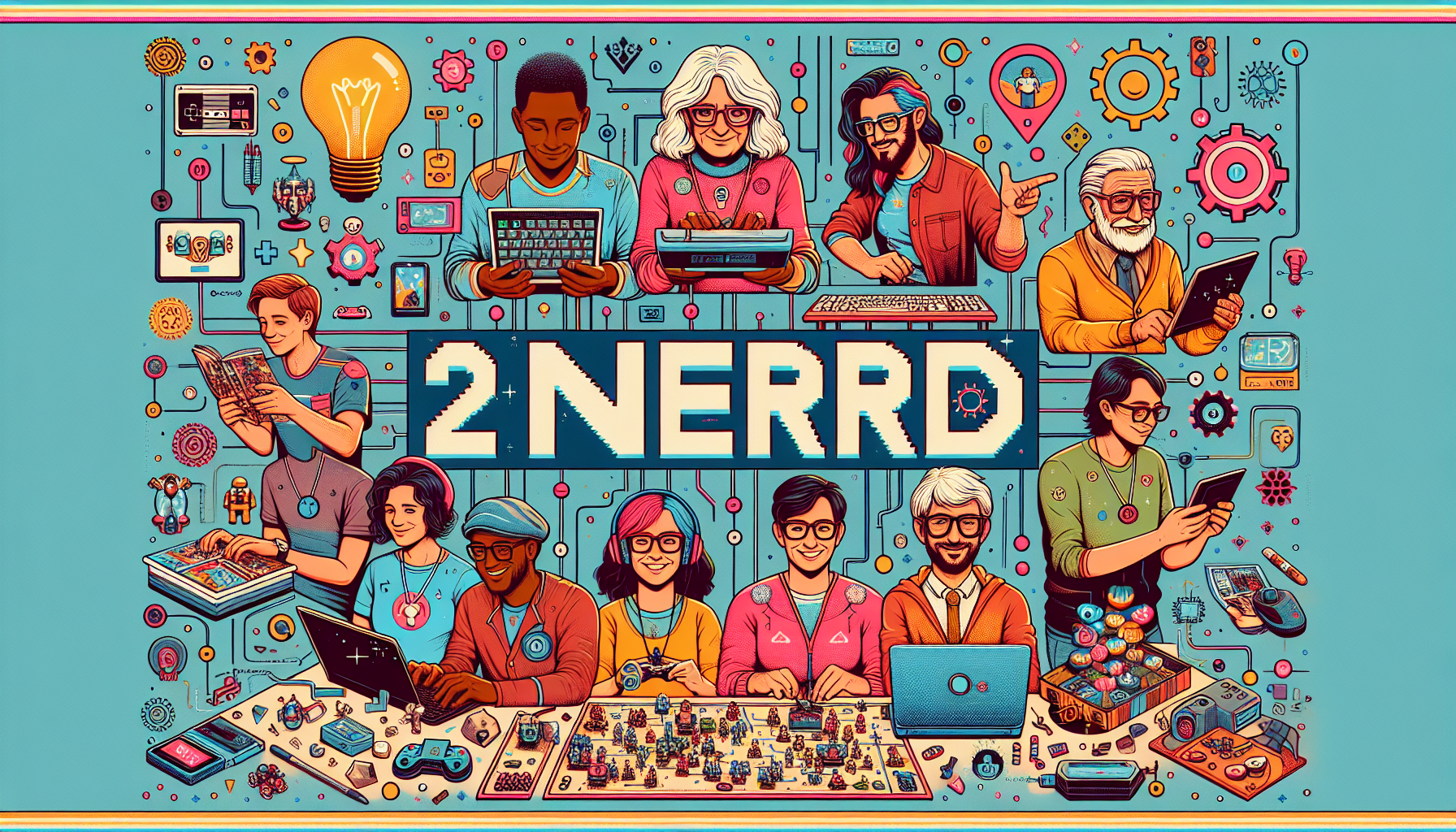 Diverse group enjoying coding, comics, gaming, and robotics with “2bnerd” text; vibrant digital illustration celebrating inclusive nerd culture.