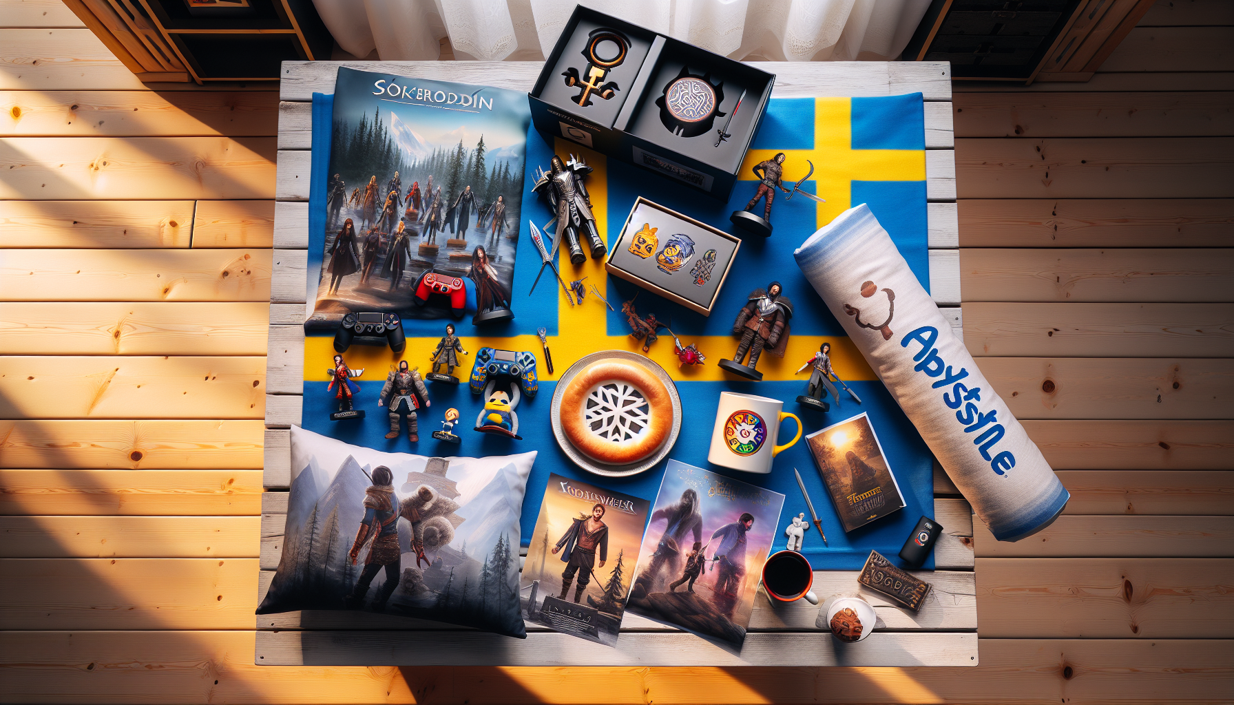 Flat-lay of pop culture collectibles—anime figures, gaming mug, poster, throw pillow—on Scandinavian table with Swedish fika and flag.
