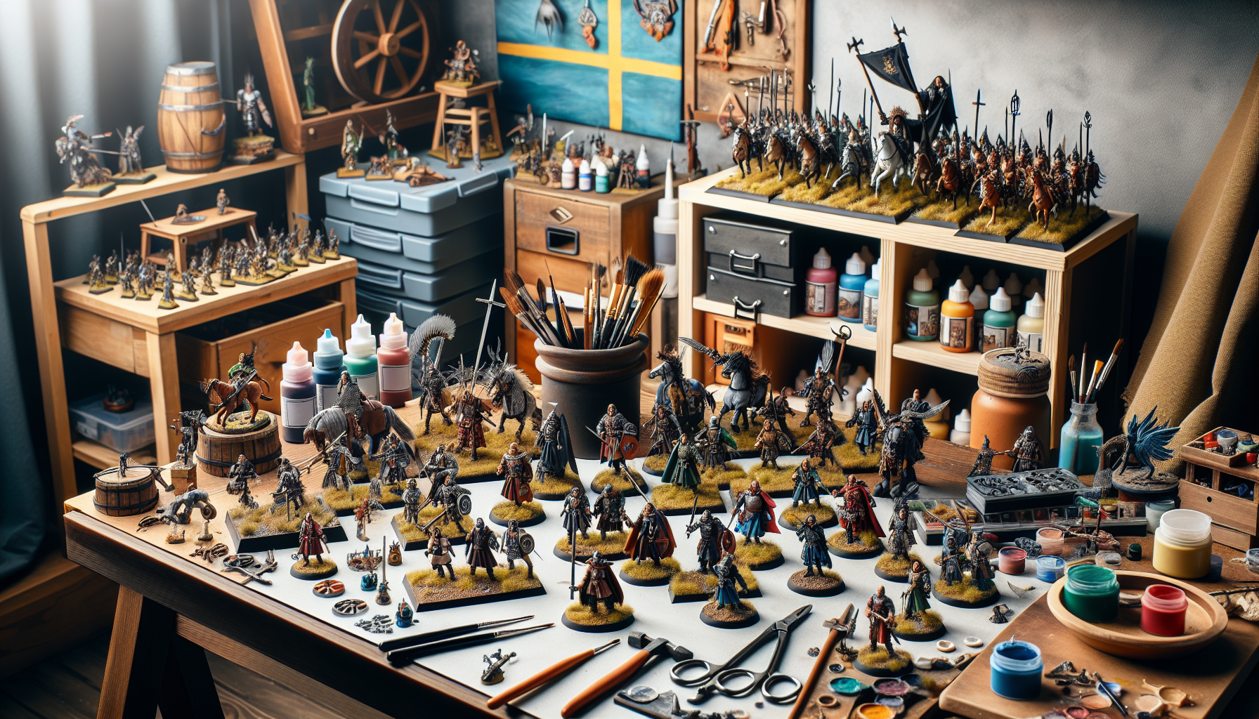Colorful tabletop diorama with detailed miniatures, Swedish flag, hobby tools, and vibrant decor for collectors and miniature painting enthusiasts.