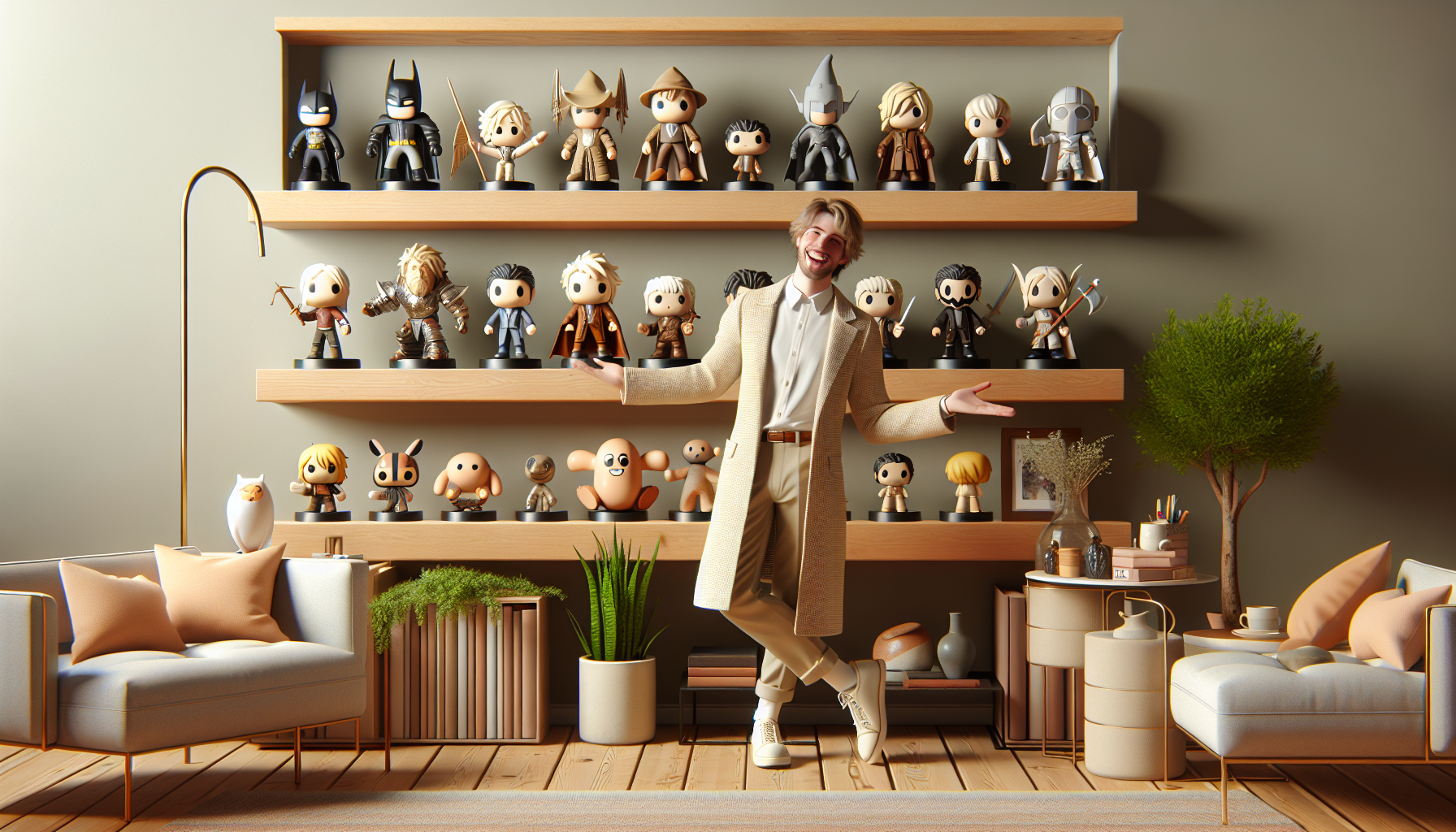 Diverse Funko Pop-style vinyl figures on Scandinavian shelves in a cozy, modern room; collector admiring pop culture toy collection.