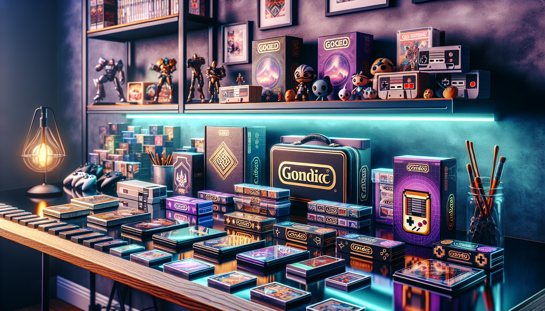 Modern gaming desk with retro and next-gen consoles, Evoretro-branded cases, LED lights, and collectible cards organized for gamers and collectors.