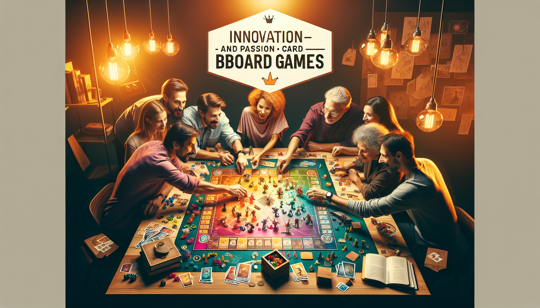 Diverse adults playing a vibrant board game with cards, tokens, and miniatures at game night. Banner: “Jasco Games – Innovation och passion för kort- och brädspel.”