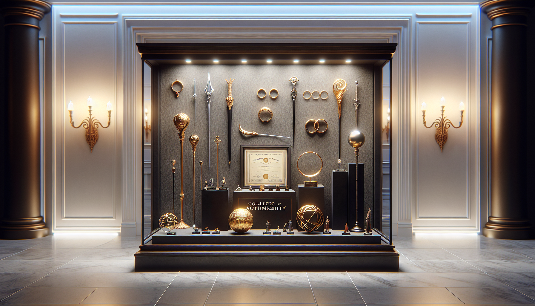 Photorealistic display case with authentic Noble Collection movie collectibles, Harry Potter wand, One Ring, certificates, modern elegant setting.