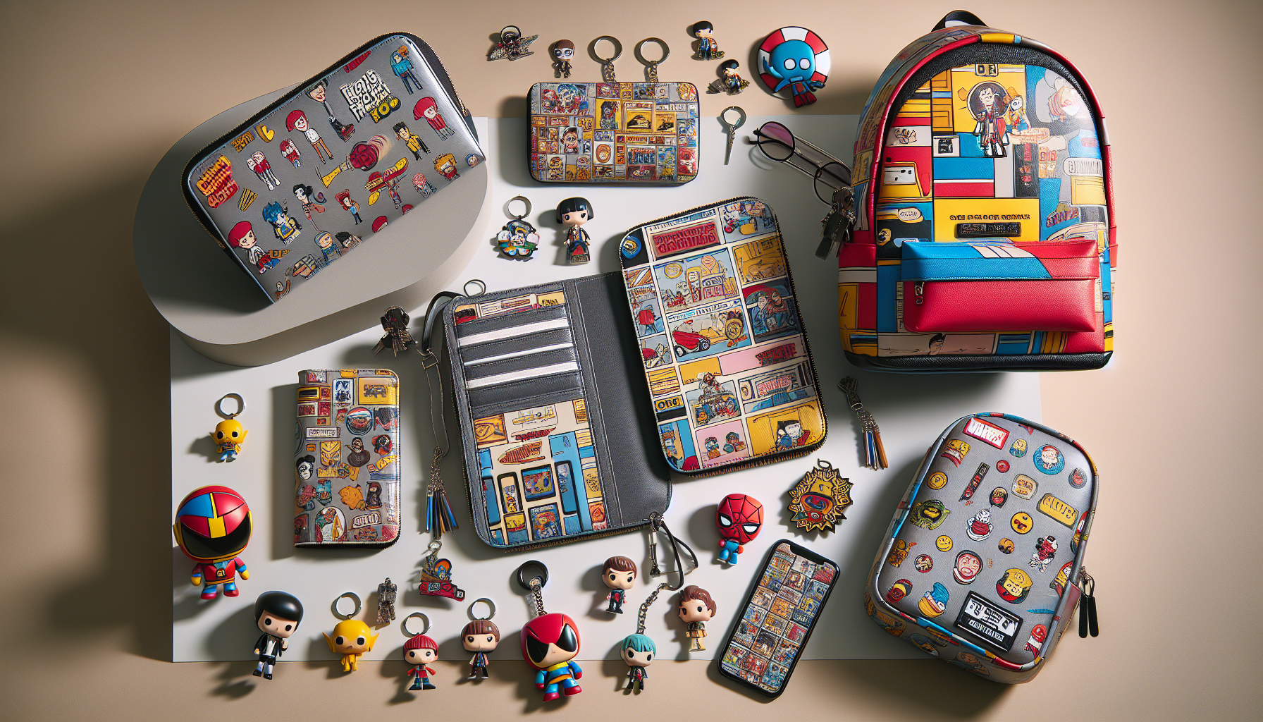 Flat lay of trendy pop culture-themed backpack, wallet, and pencil case with cartoon motifs, collectible pins, and figurines on neutral background.