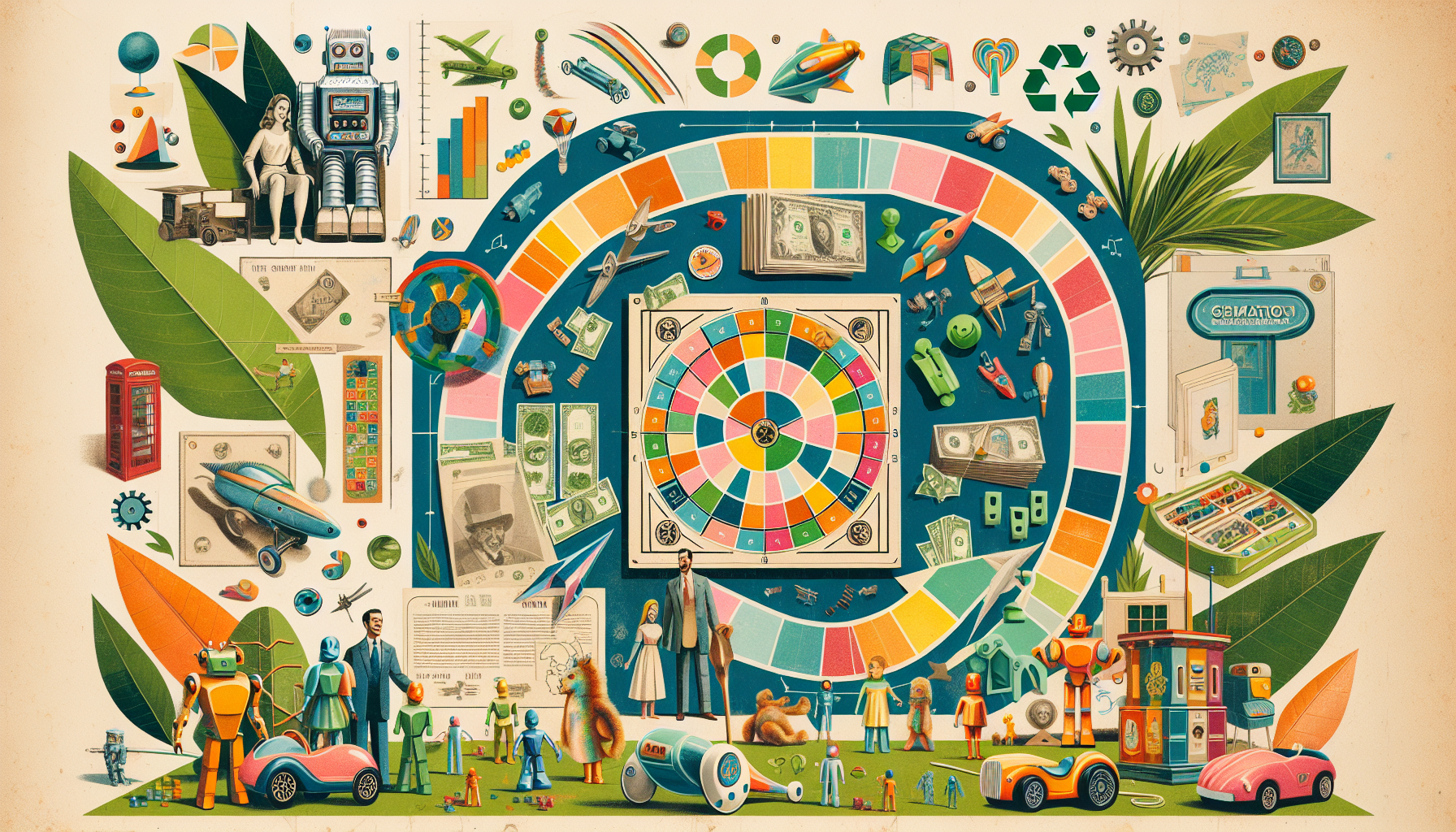 Colorful collage of Monopoly board, Transformer, My Little Pony, and families playing, highlighting Hasbro toys and sustainability themes.