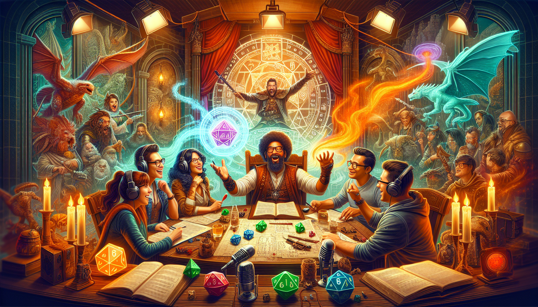 Diverse group playing Dungeons & Dragons at a studio table, with fantasy elements and streaming gear inspired by Critical Role’s storytelling.