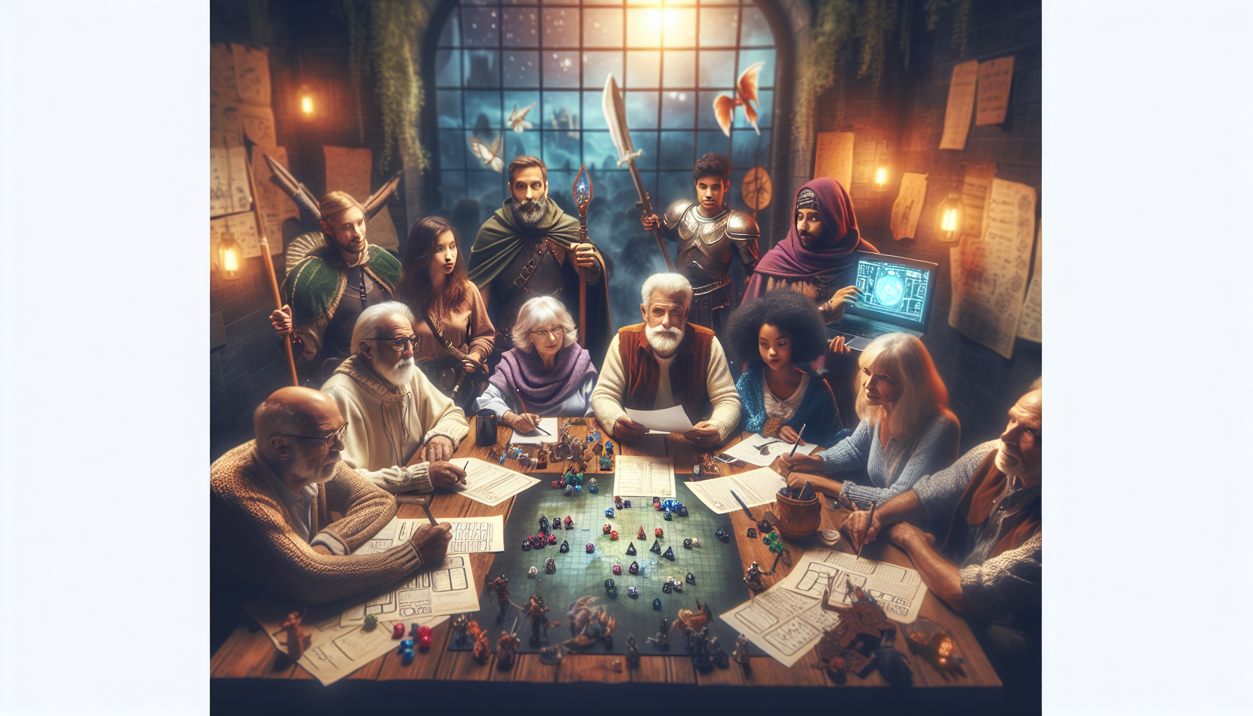 Diverse group playing tabletop RPG around wooden table with dice, maps, miniatures; digital and LARP elements in warm, Scandinavian setting.