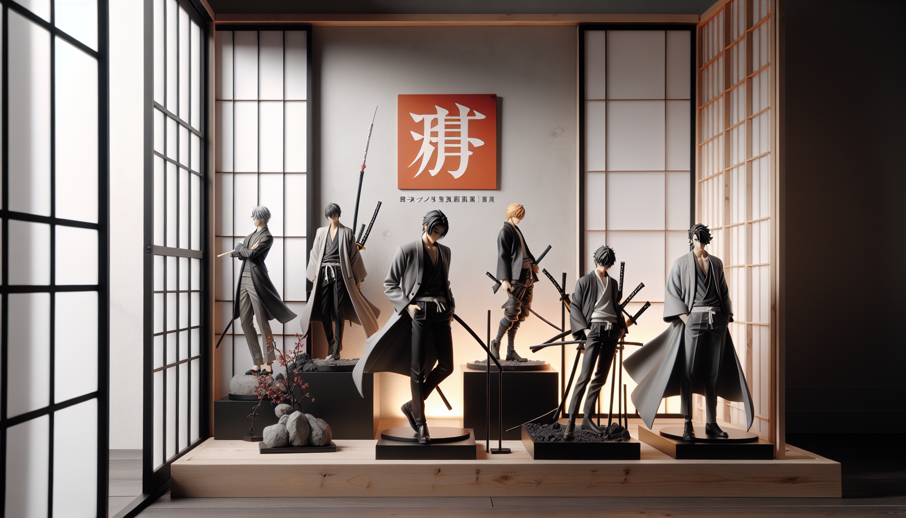 Sleek display case with detailed male anime figures by Orange Rouge, featuring Japanese design and soft lighting for a premium collectible feel.