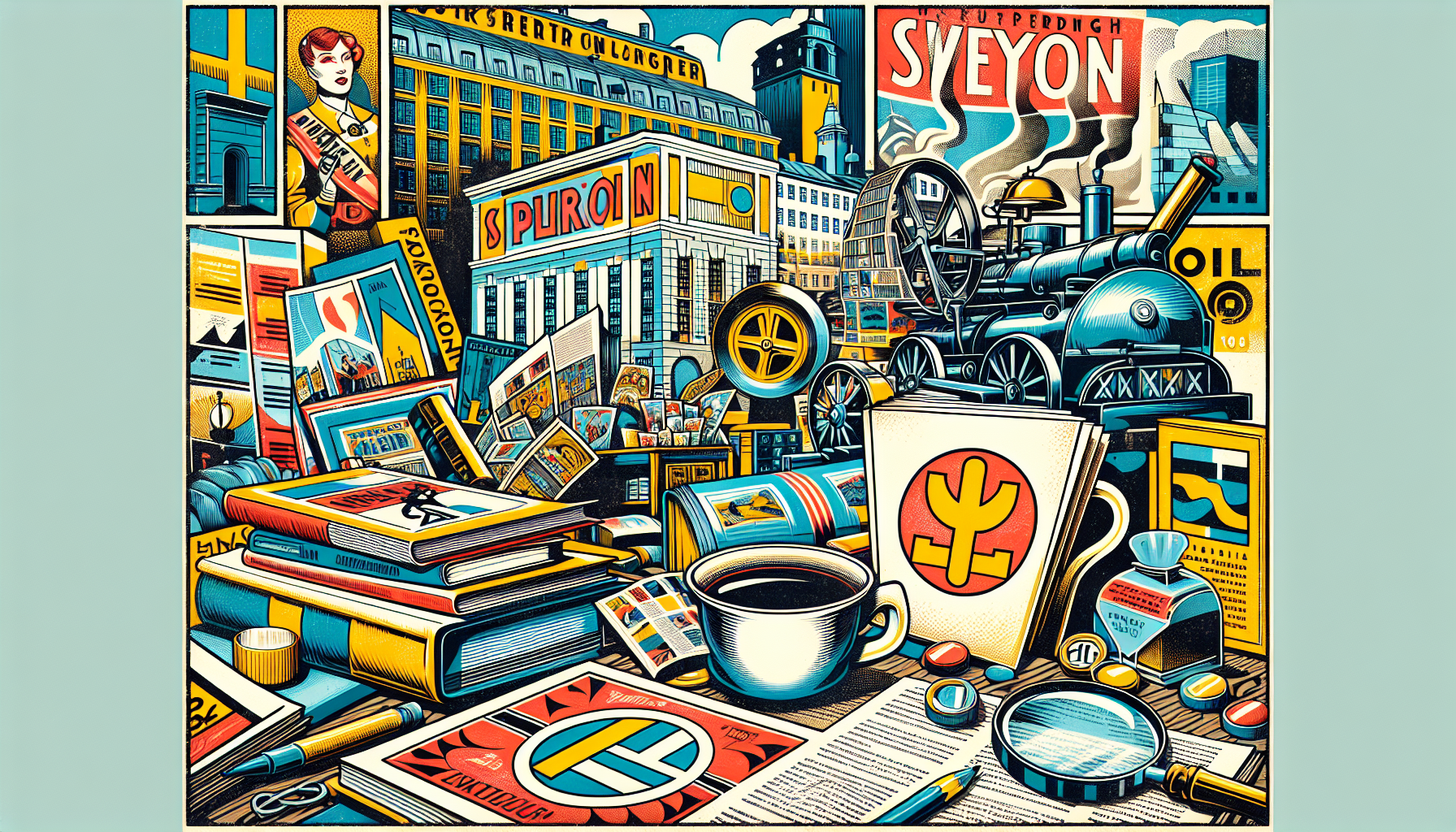Collage celebrating Semic’s legacy in Swedish publishing with vintage comics, magazines, books, Stockholm skyline, and cultural icons.