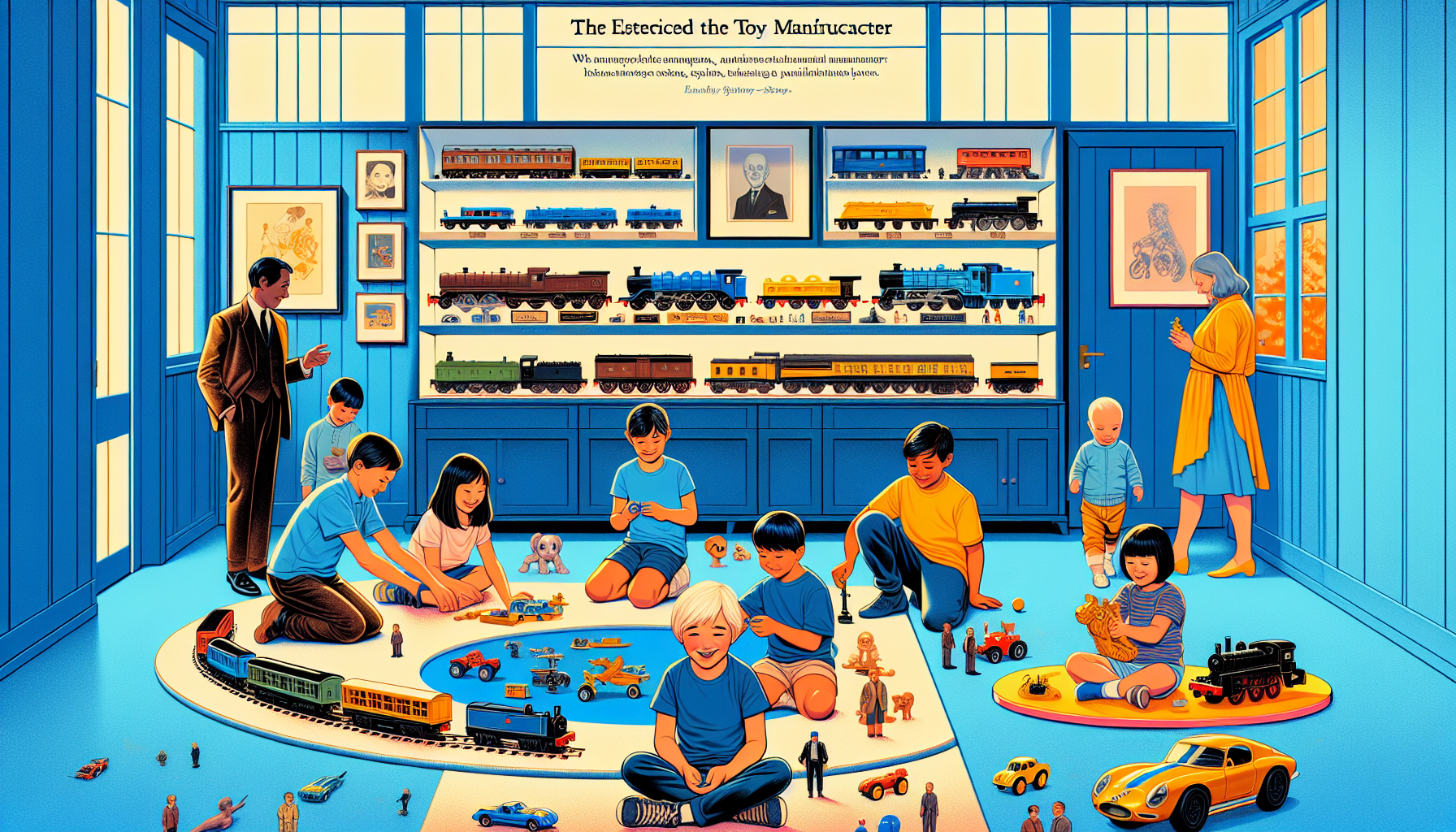 Children play with Tomy Plarail trains, Tomica cars, and Pokémon toys in a stylish playroom; collector shelf displays rare vintage Tomy toys.