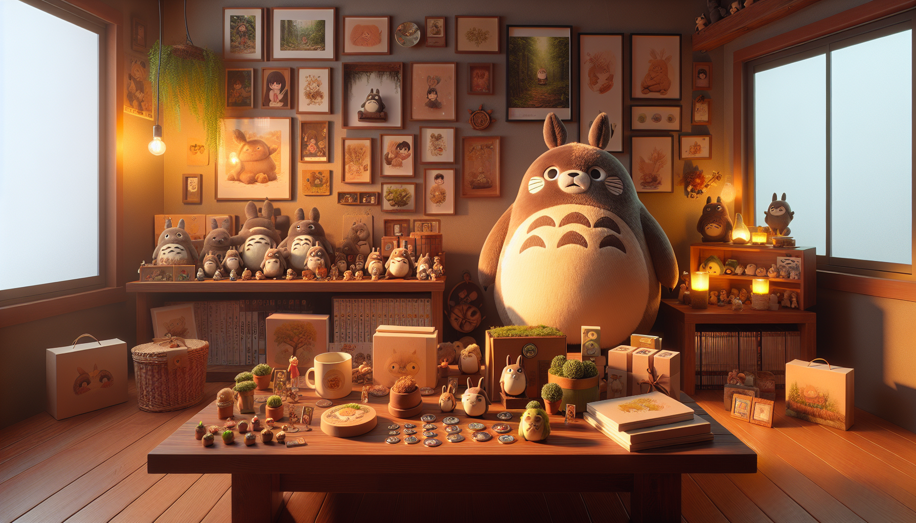 Cozy room with Totoro plushies, mugs, figurines, posters, and unique gifts—perfect for fans seeking Totoro merchandise and gift ideas.