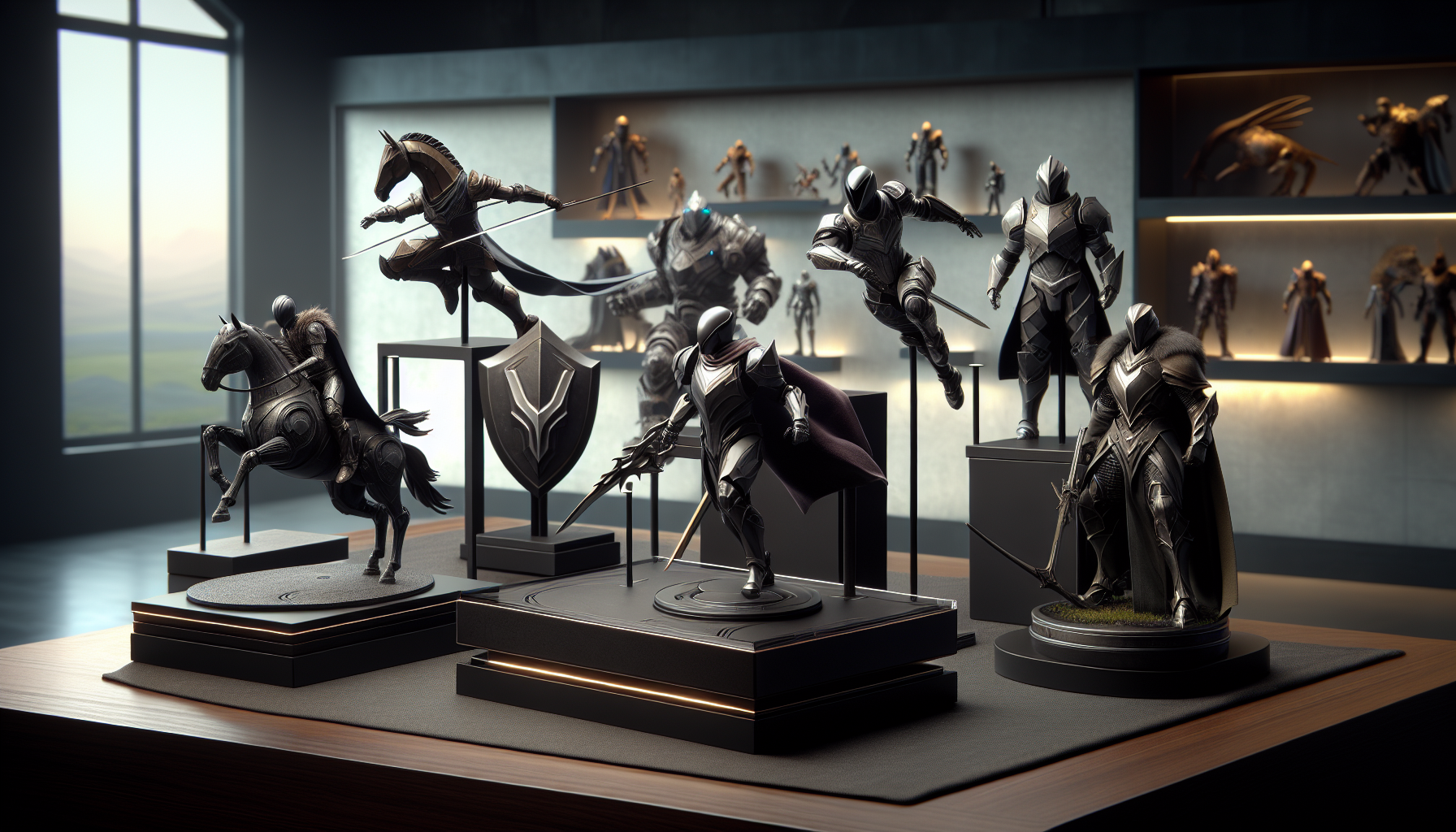 Modern desktop with detailed collectible figures—sci-fi hero, fantasy knight, futuristic helmet—on display stands, premium lighting, Dark Horse-style logo.