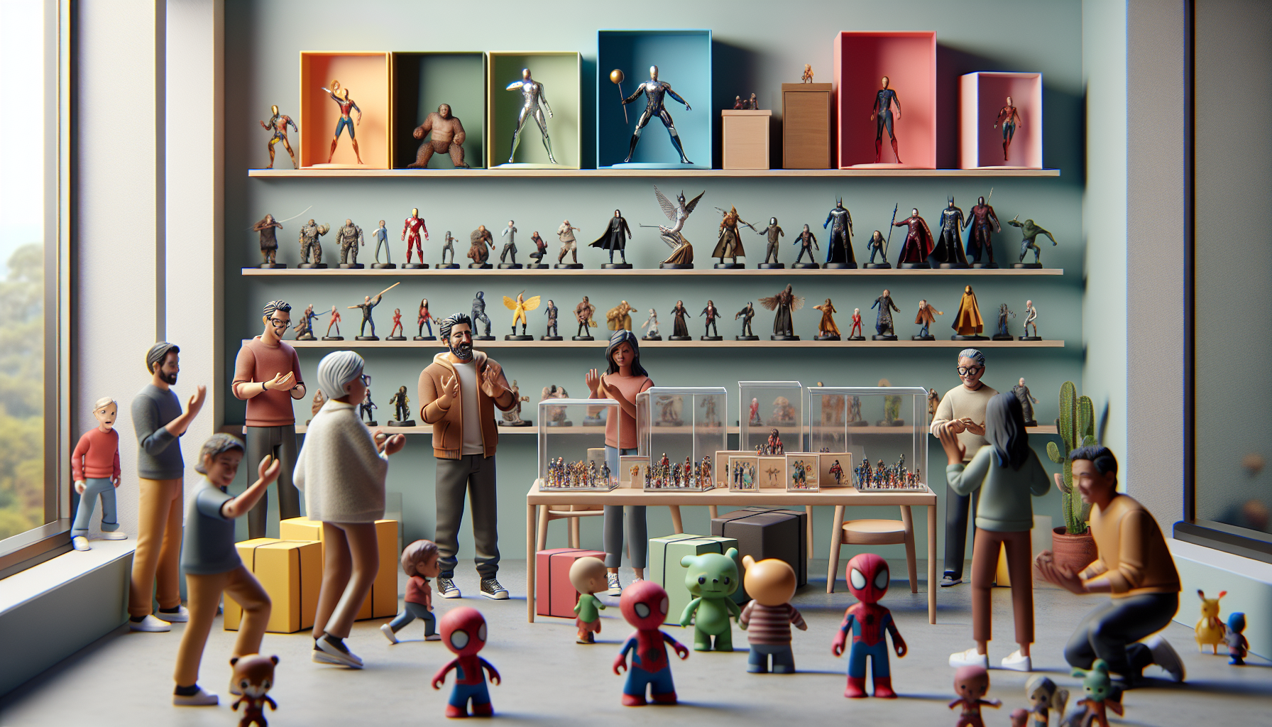 Collectors of all ages admire colorful Funko Pop! figures on stylish shelves in a bright, modern Swedish room, celebrating pop culture and community.