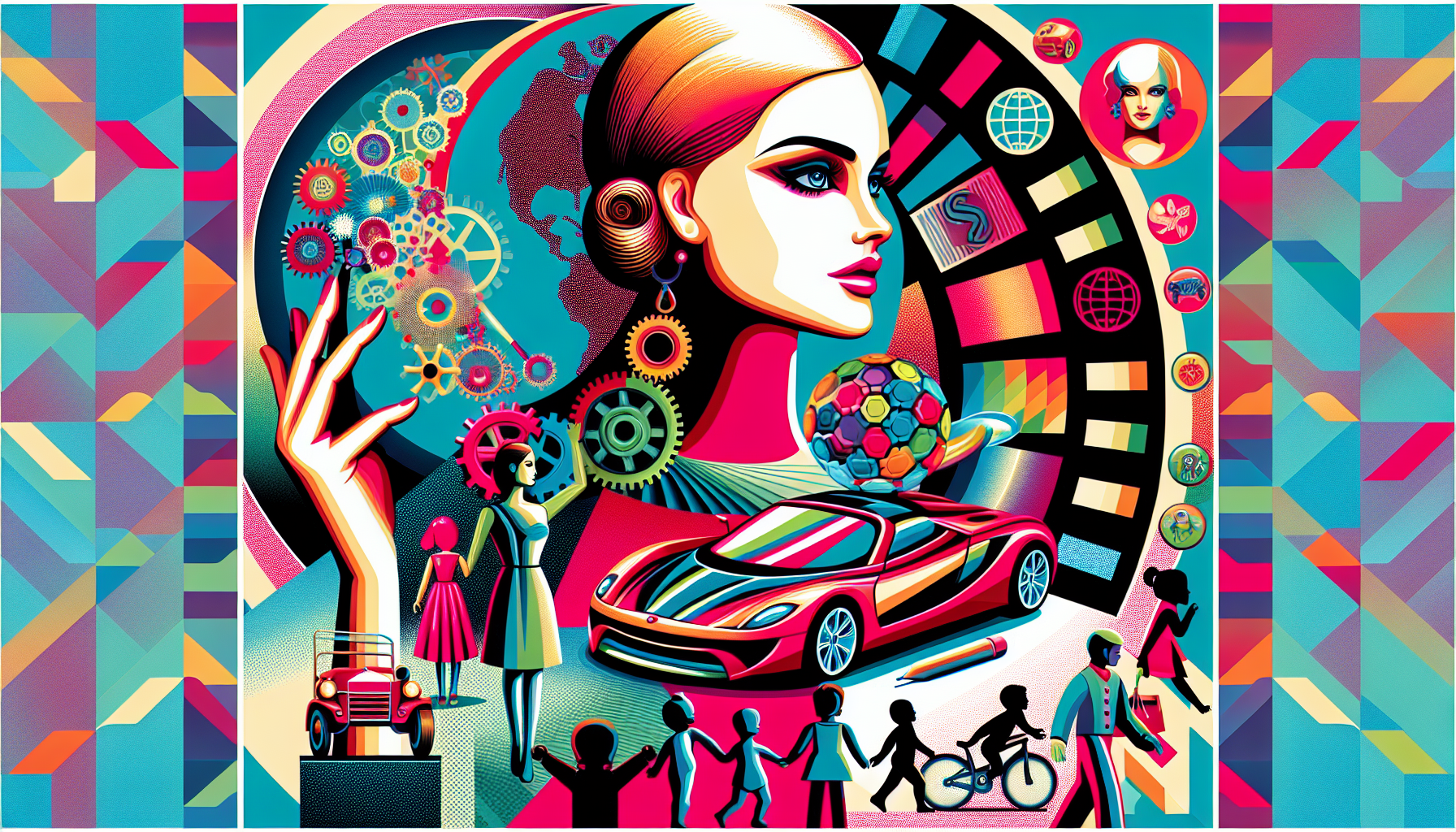 Collage showing Barbie dolls, Hot Wheels car, UNO cards, children’s silhouettes, globe, and icons for innovation, sustainability, and diversity.