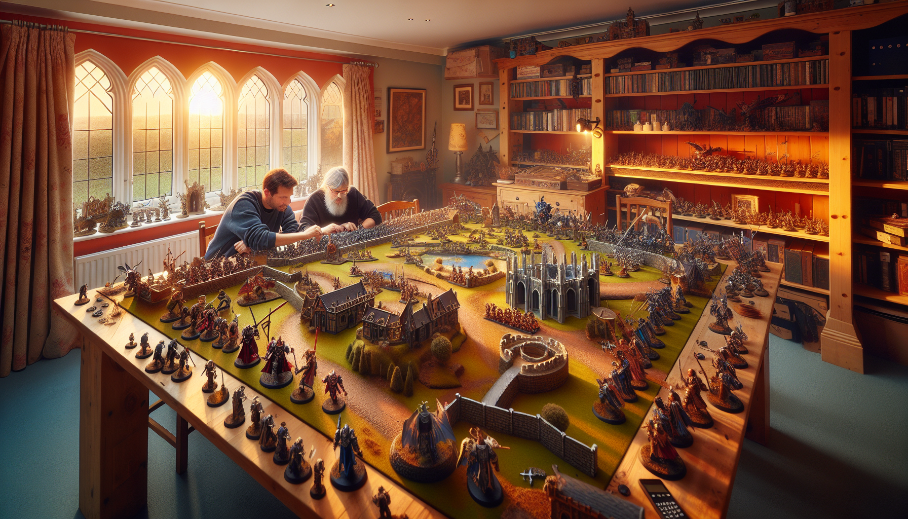 Epic fantasy tabletop battle with painted miniatures, knights, orcs, and elves; players strategizing in a vibrant, friendly hobby room.