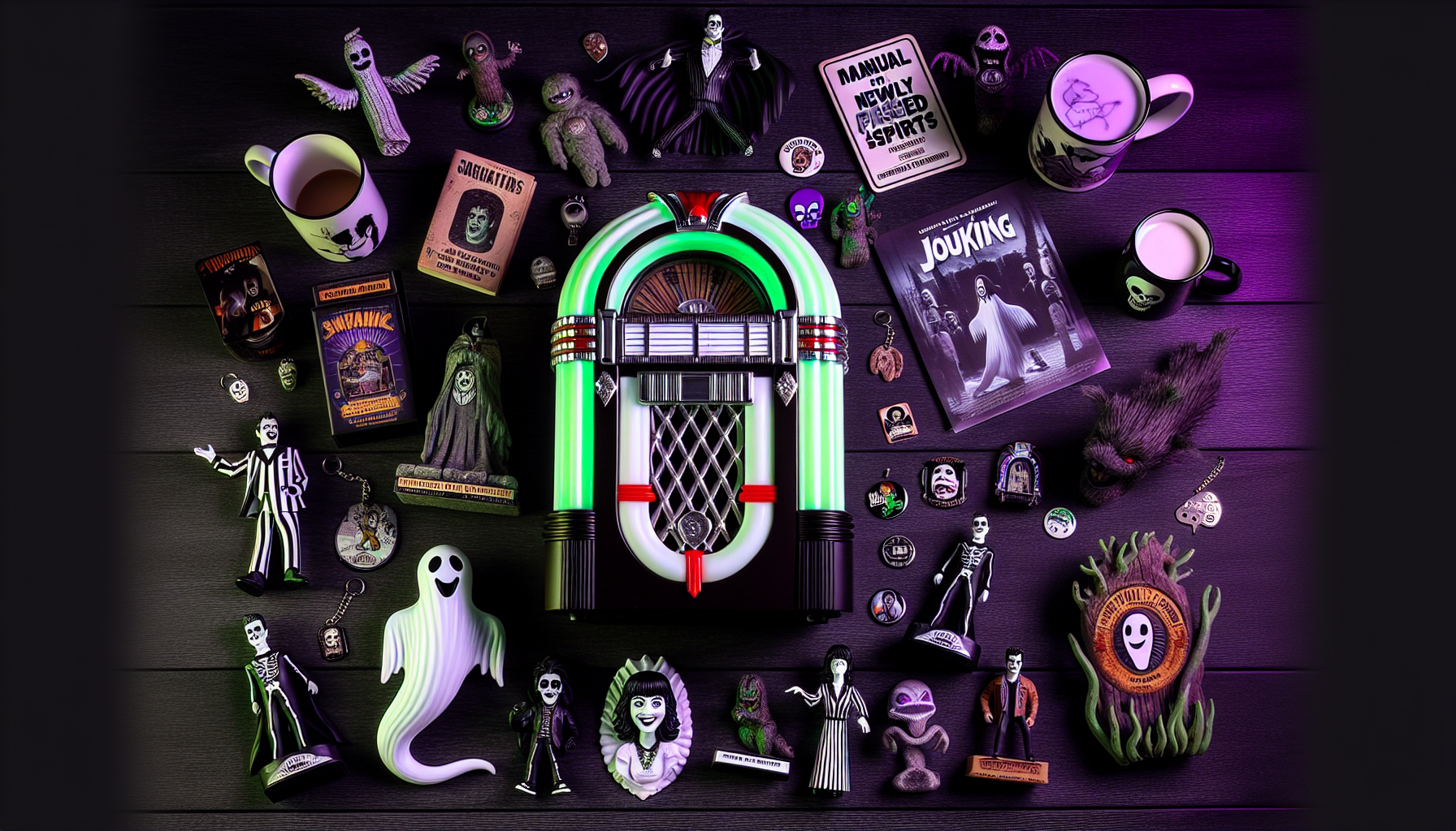 Flat lay of Beetlejuice collectibles: striped jukebox, action figures, handbook, pins, mugs, sandworm plush, Tim Burton gothic style, green lighting.