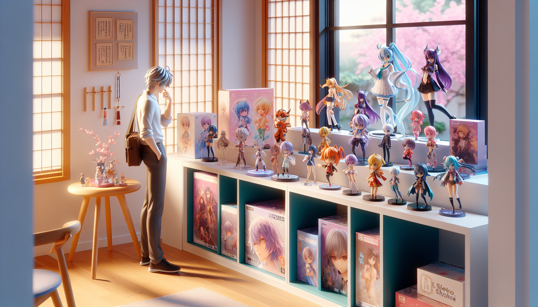 Colorful Taito Prize anime figures on sleek shelves in a modern Japanese room, admired by a Scandinavian collector, perfect for collectible blogs.