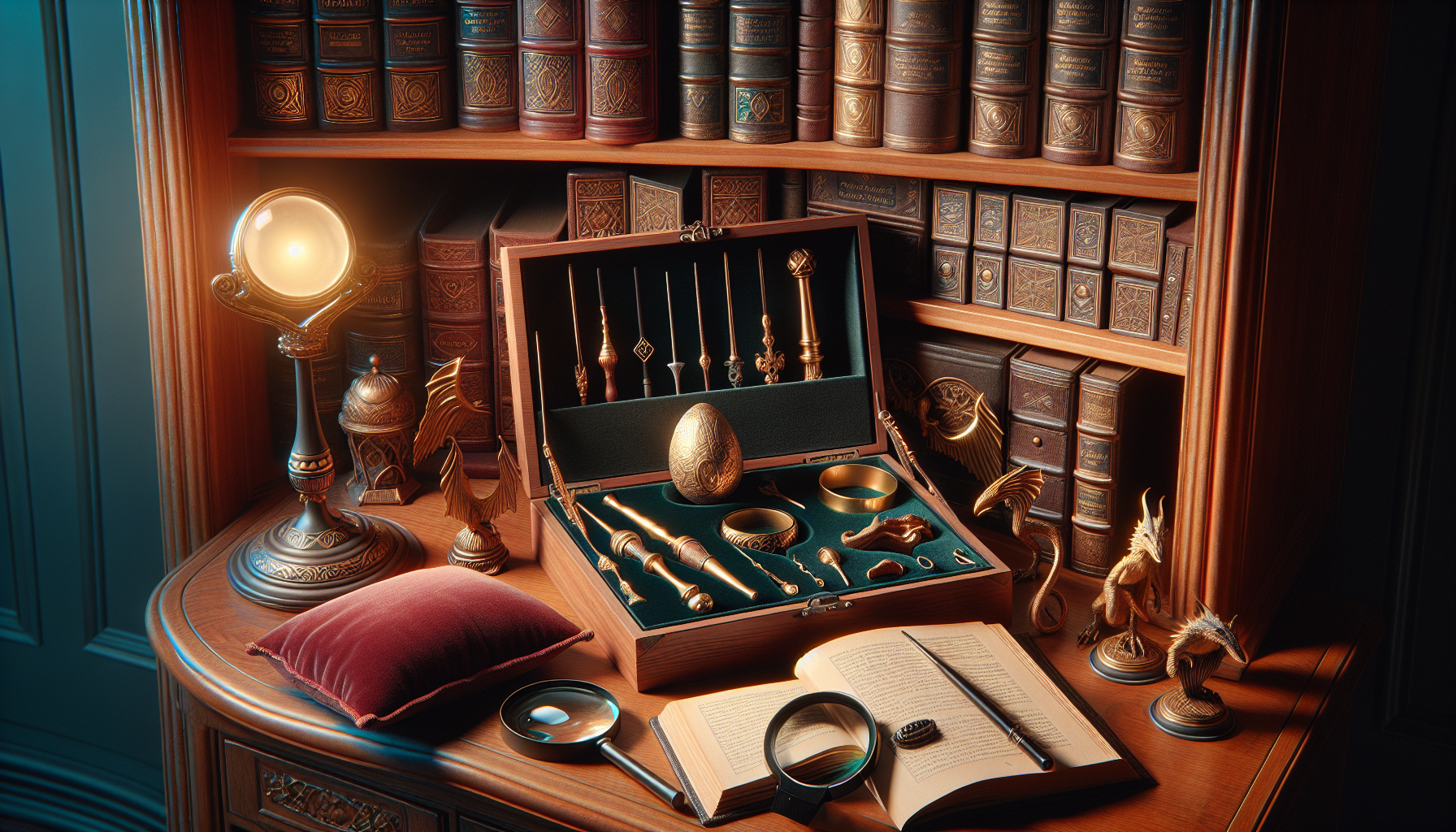 Flat-lay of iconic fantasy collectibles—Harry Potter wand, One Ring, Game of Thrones dragon egg—on elegant wooden shelf, warm lighting.