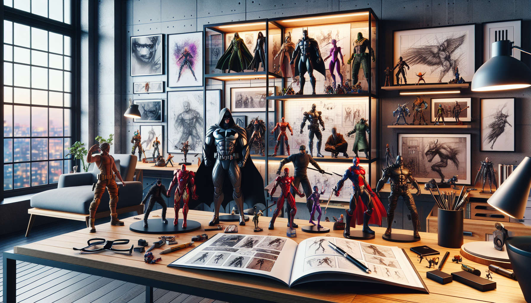 Modern display shelf with McFarlane action figures posed, collector’s guide, and sketches—perfect for collectible toy enthusiasts and blog readers.