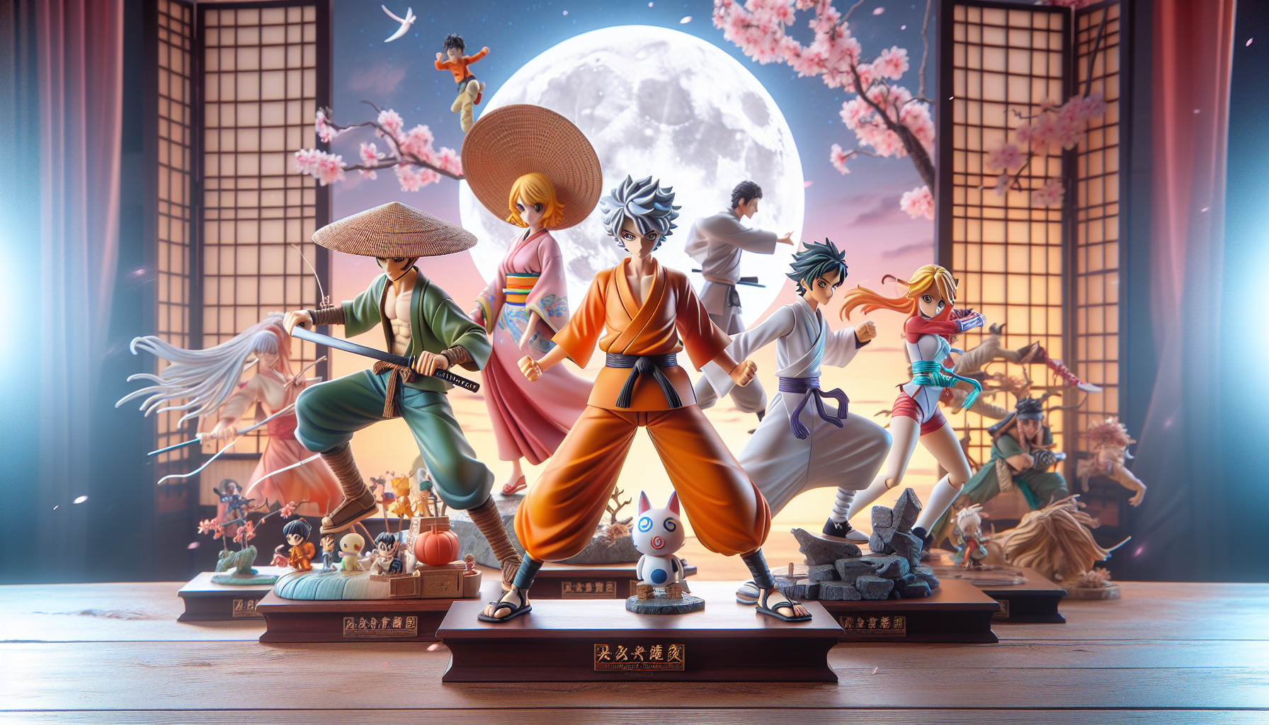 Banpresto anime prize figures of Goku, Luffy, and Sailor Moon on stylish shelves with cherry blossoms and Japanese decor in soft lighting.