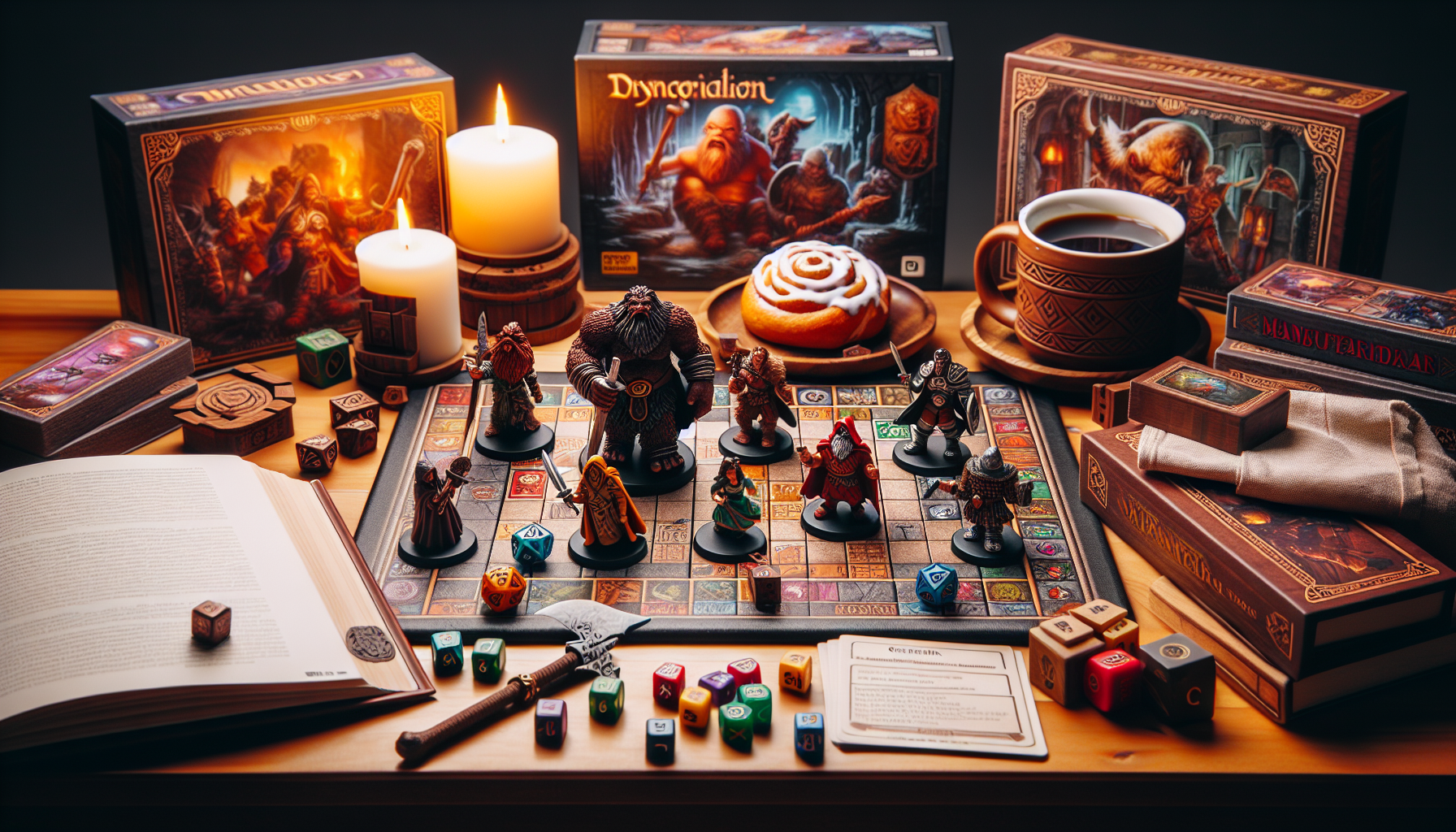 HeroQuest board game setup with detailed miniatures, fantasy tiles, cards, dice, cinnamon roll, and coffee for a cozy retro gaming night.