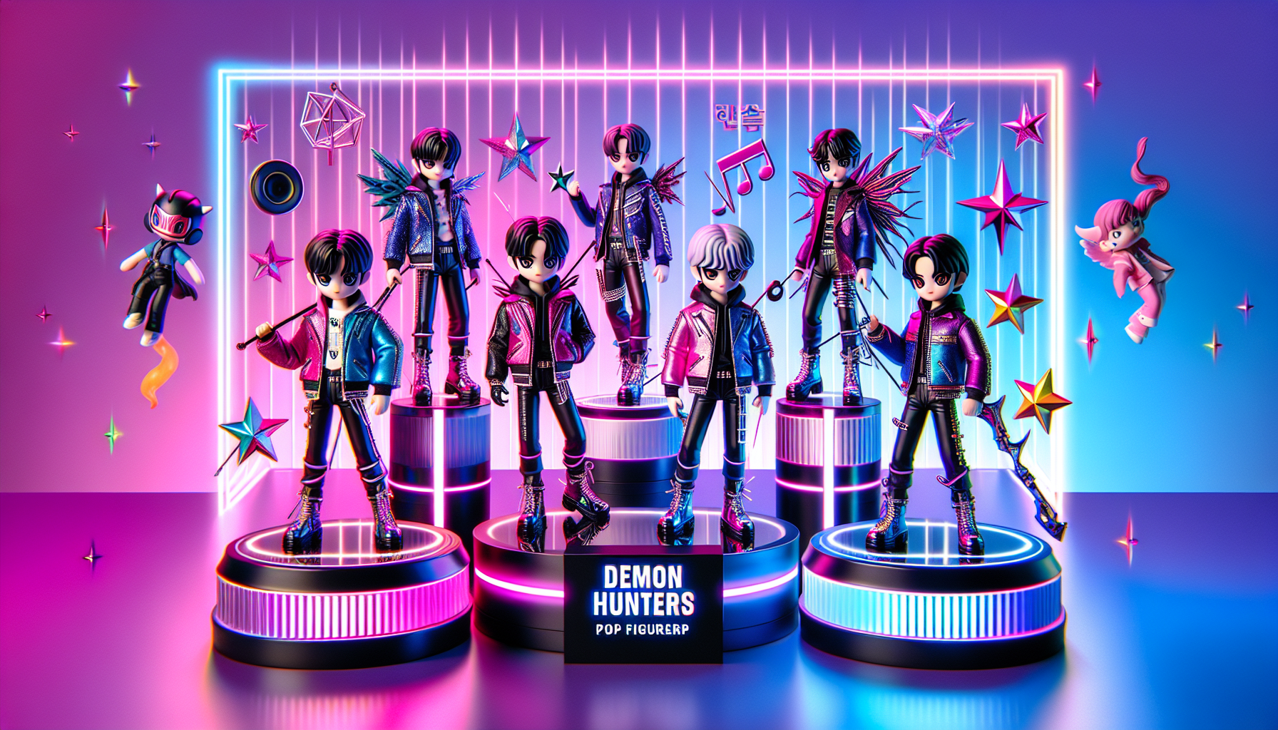 Colorful K-pop demon hunter POP figures in idol poses with neon backgrounds, glowing weapons, and Korean culture icons for collectible blog post.