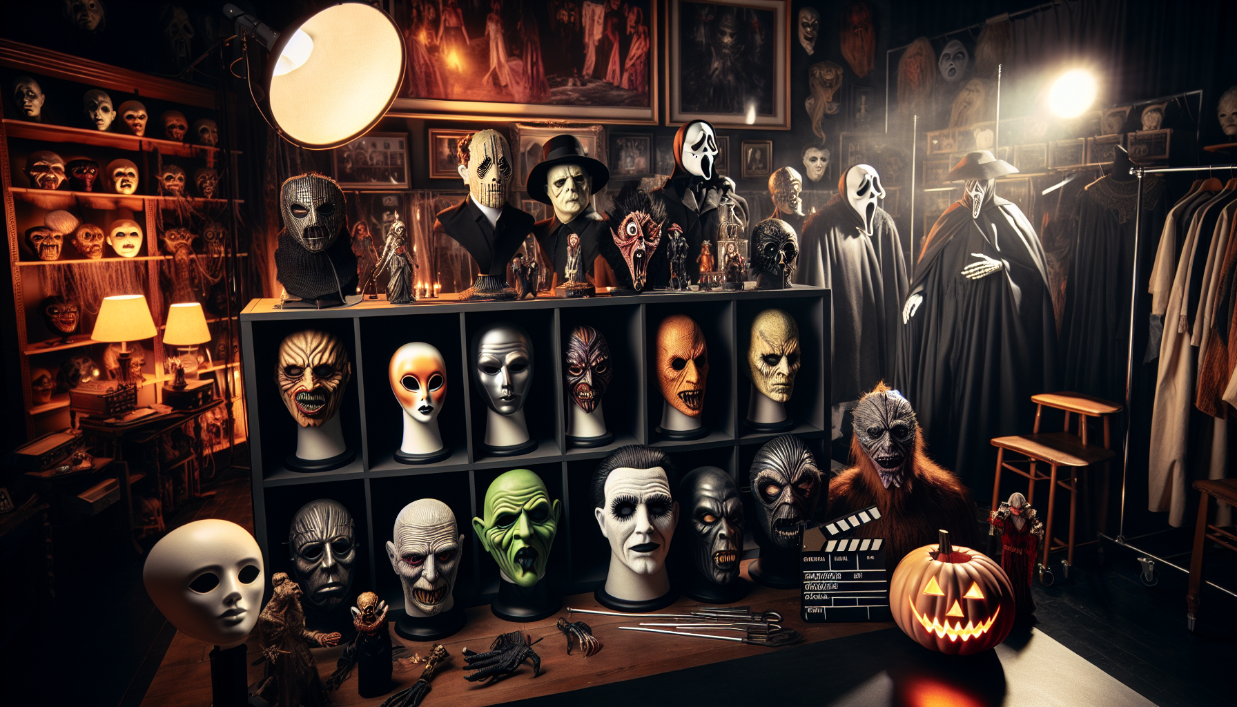 Featured image showcasing Trick Or Treat Studios’ realistic horror masks and props on display in a premium, stylish showroom with Halloween accents.