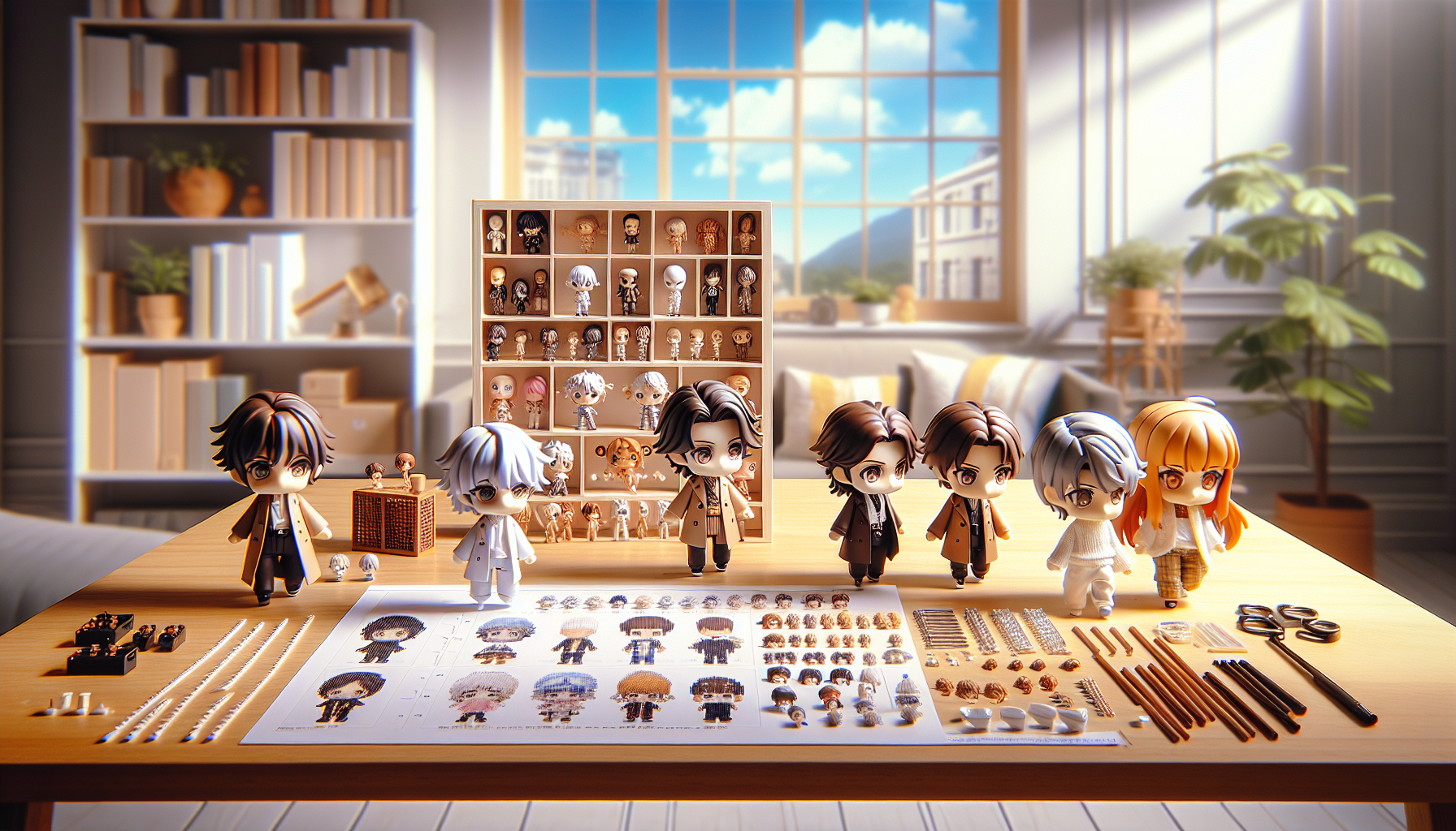 Display shelf with cute chibi Nendoroid figures, interchangeable parts, boxes, and instructions. Warm, playful setup for collectors.