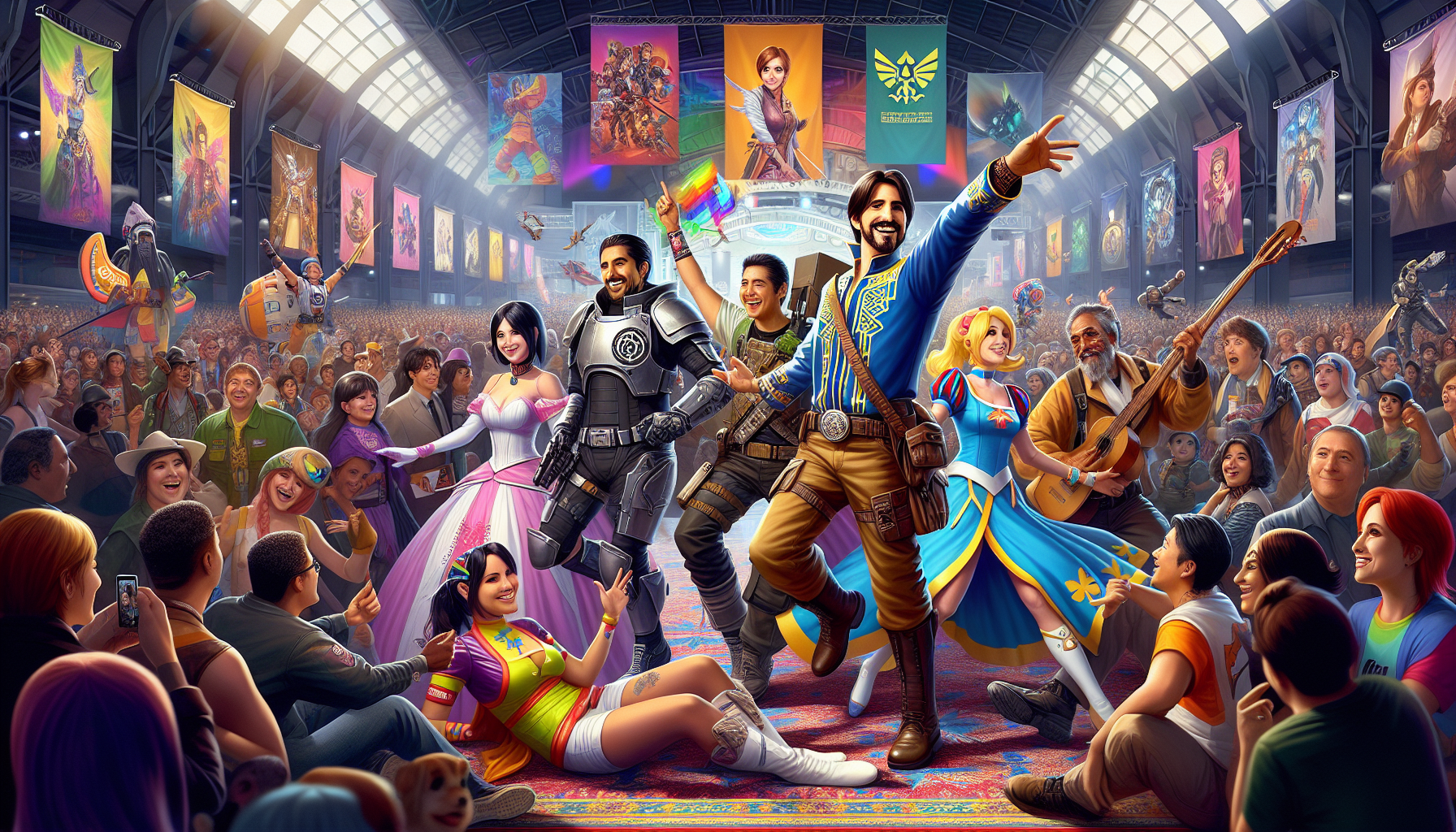 Diverse group of cosplayers in detailed costumes celebrating at a lively convention, showcasing cosplay culture, creativity, and community.