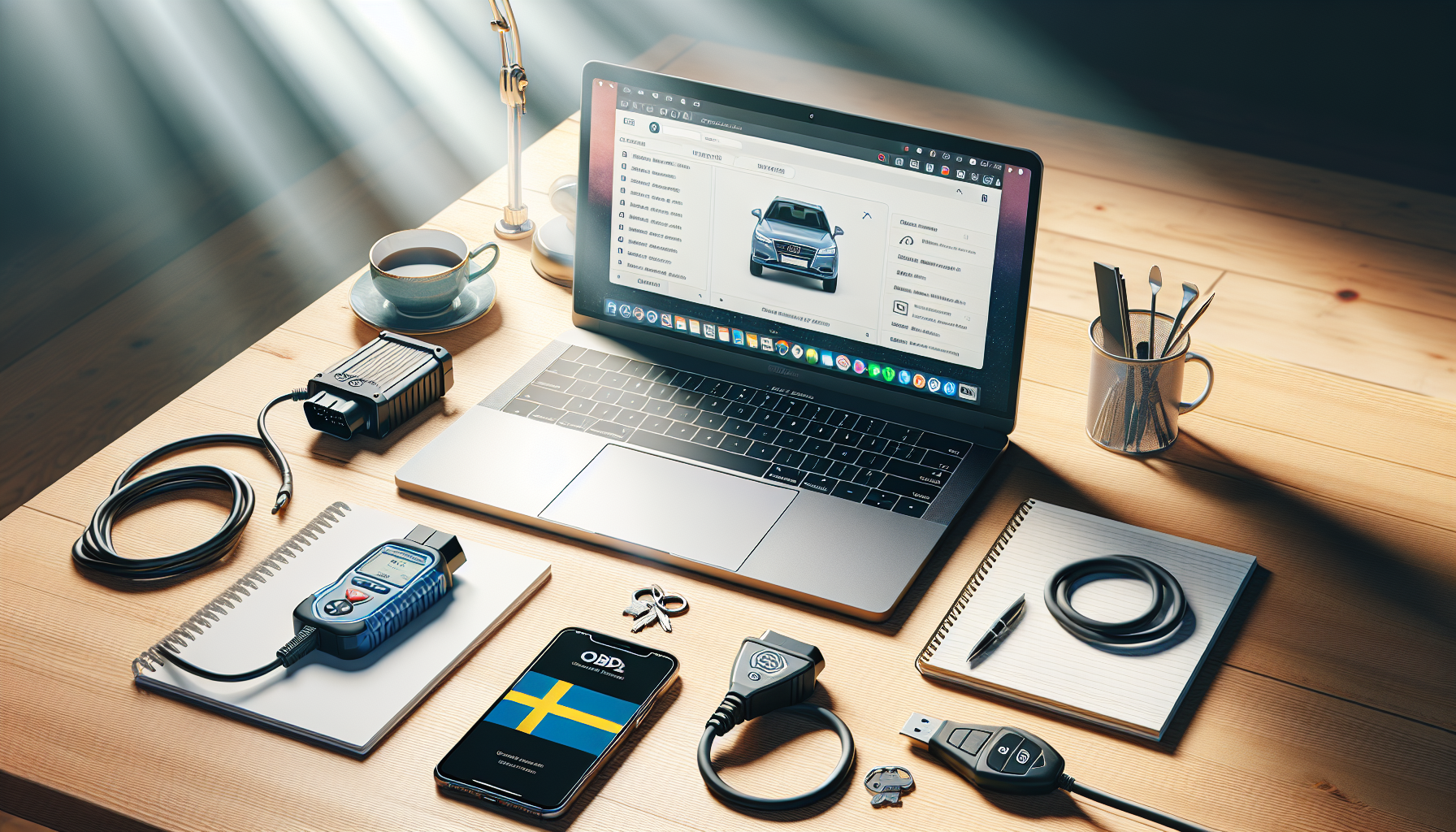 Flat-lay of laptop running DDT4ALL software, OBD2 tool, smartphone with felkodslasare.se, car key fob, and notepad on wooden desk.