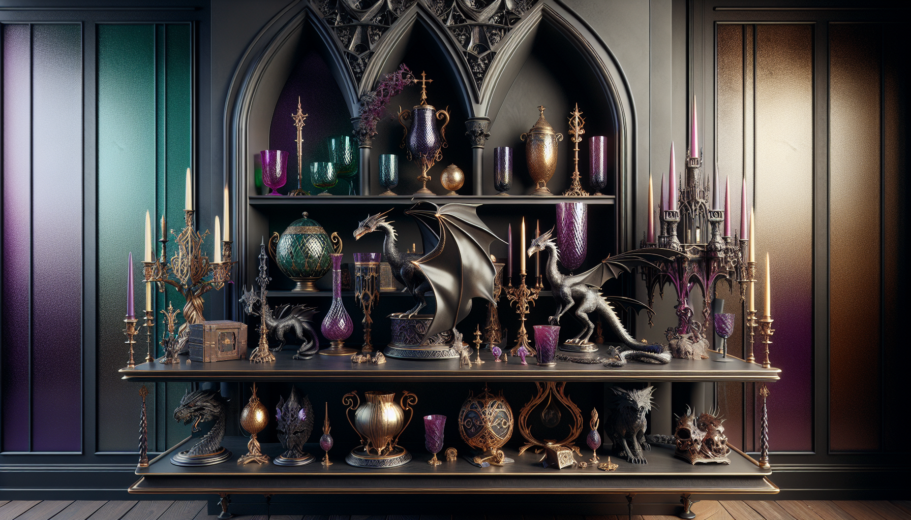 Elegant shelf displaying Nemesis Now fantasy dragon figurines, Gothic chalices, and wizard statues in moody, dramatic lighting.