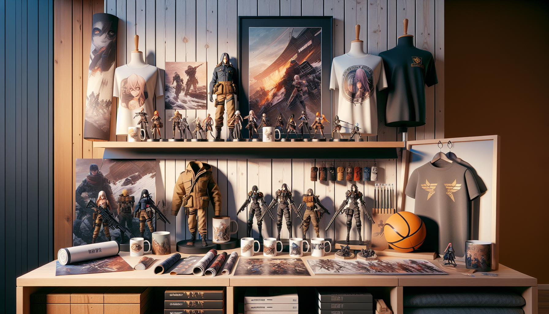 Attack on Titan merchandise display in Scandinavian room with action figures, Survey Corps t-shirts, mugs, manga, and posters for collectors.