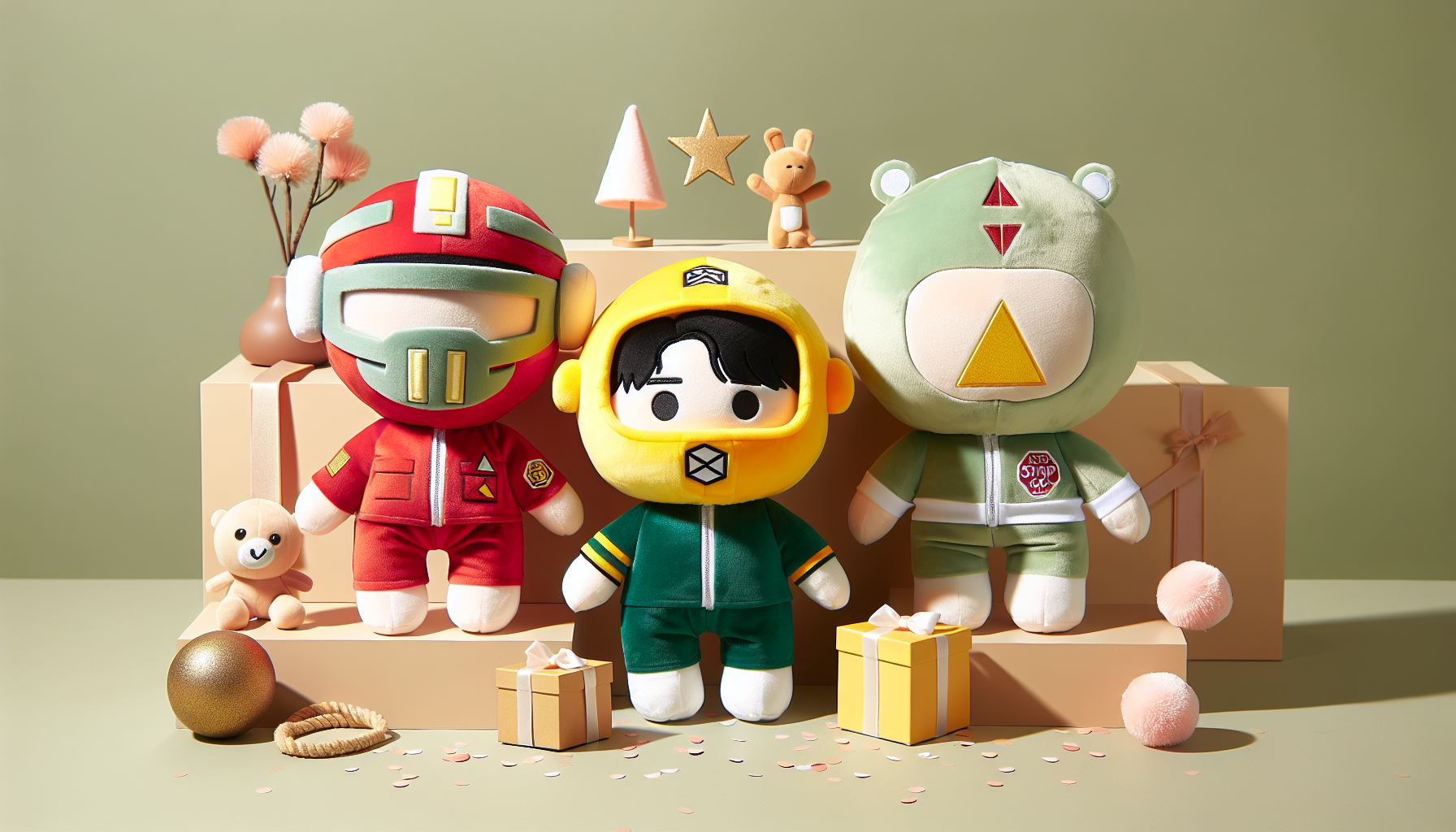 Colorful Squid Game gosedjur —including masked guard, doll, and contestant—arranged on neutral background with confetti and gift boxes.