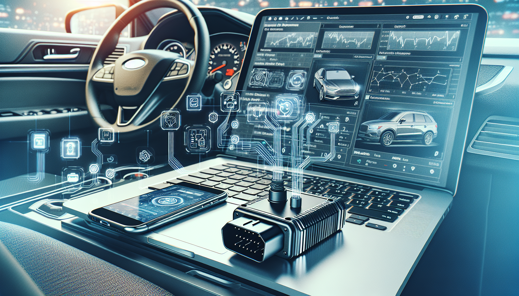 Close-up of FORScan OBD2 adapter in car, laptop and smartphone display diagnostic graphs, modern dashboard, Swedish automotive tech blog.