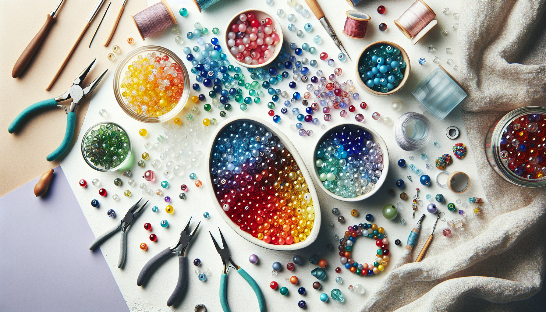 Colorful 8mm glass beads, jewelry tools, and a Hilmaspyssel.se tag on a white craft table with a partially finished beaded bracelet.