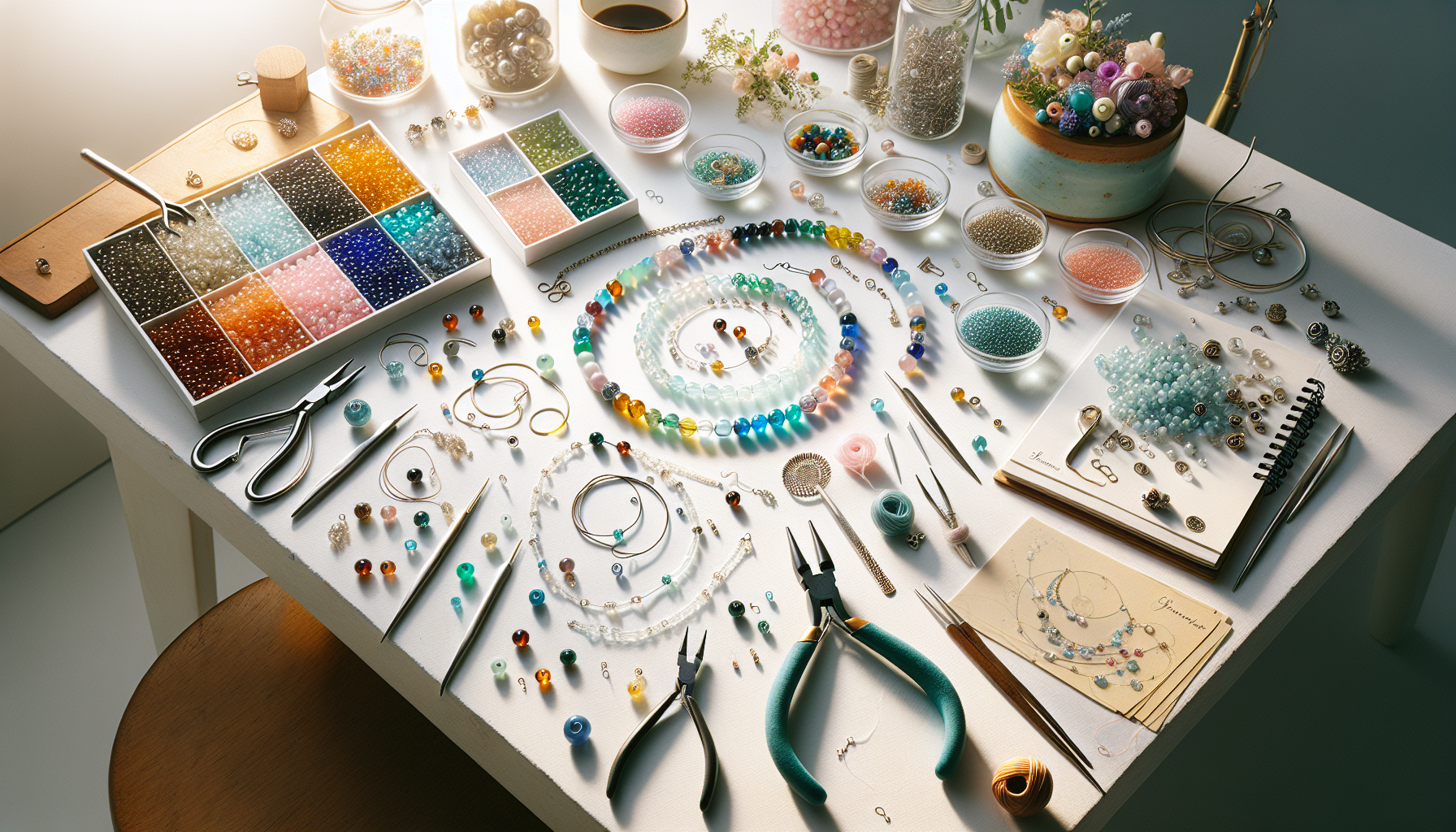 Flat-lay of colorful glass beads, jewelry tools, and a beaded necklace on white table, "HilmasPyssel.se" logo, ideal for craft blog inspiration.