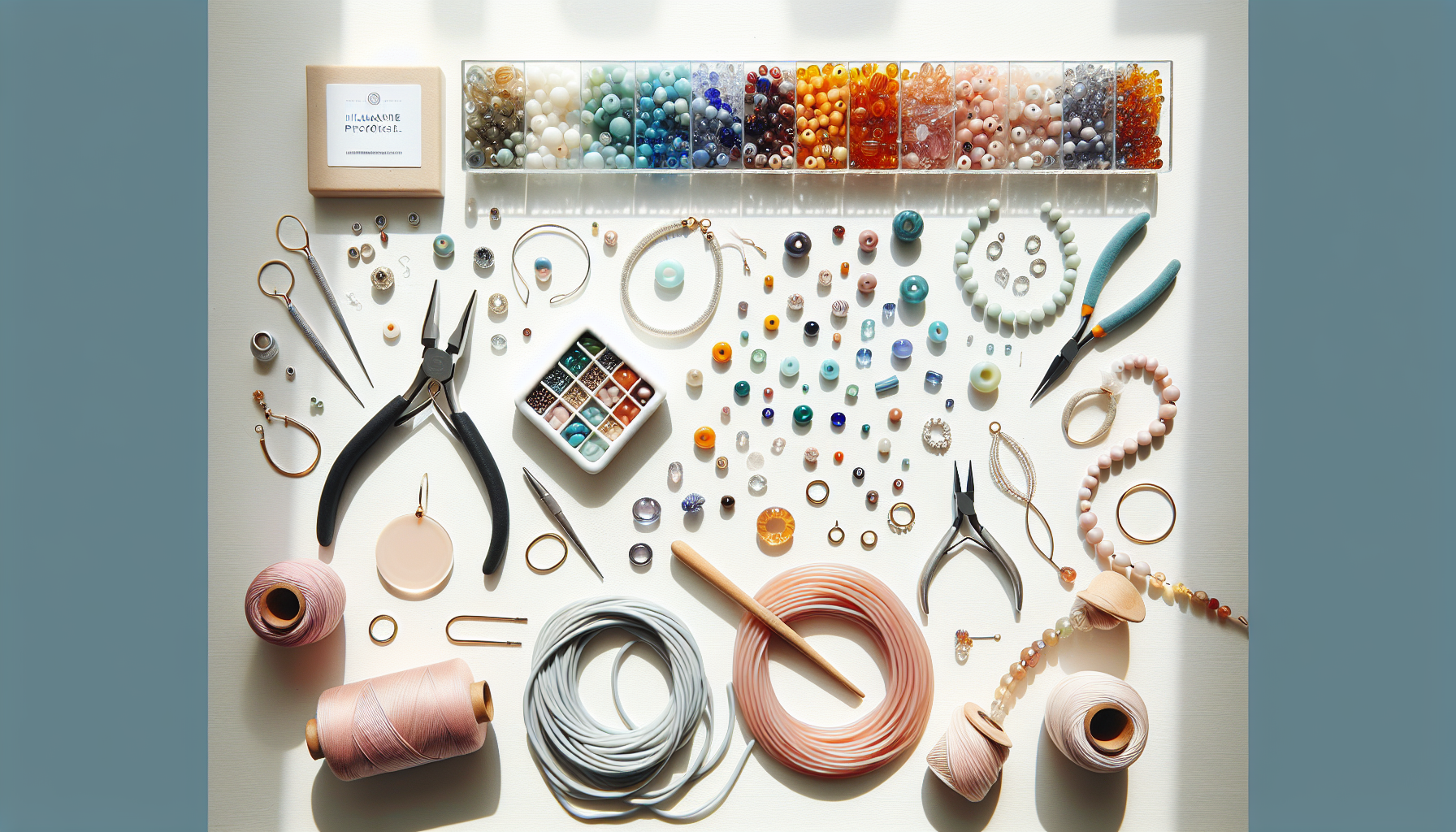 Flat lay of colorful glass beads, jewelry tools, and DIY pieces on white background with “HilmasPyssel.se” tag, Scandinavian style.