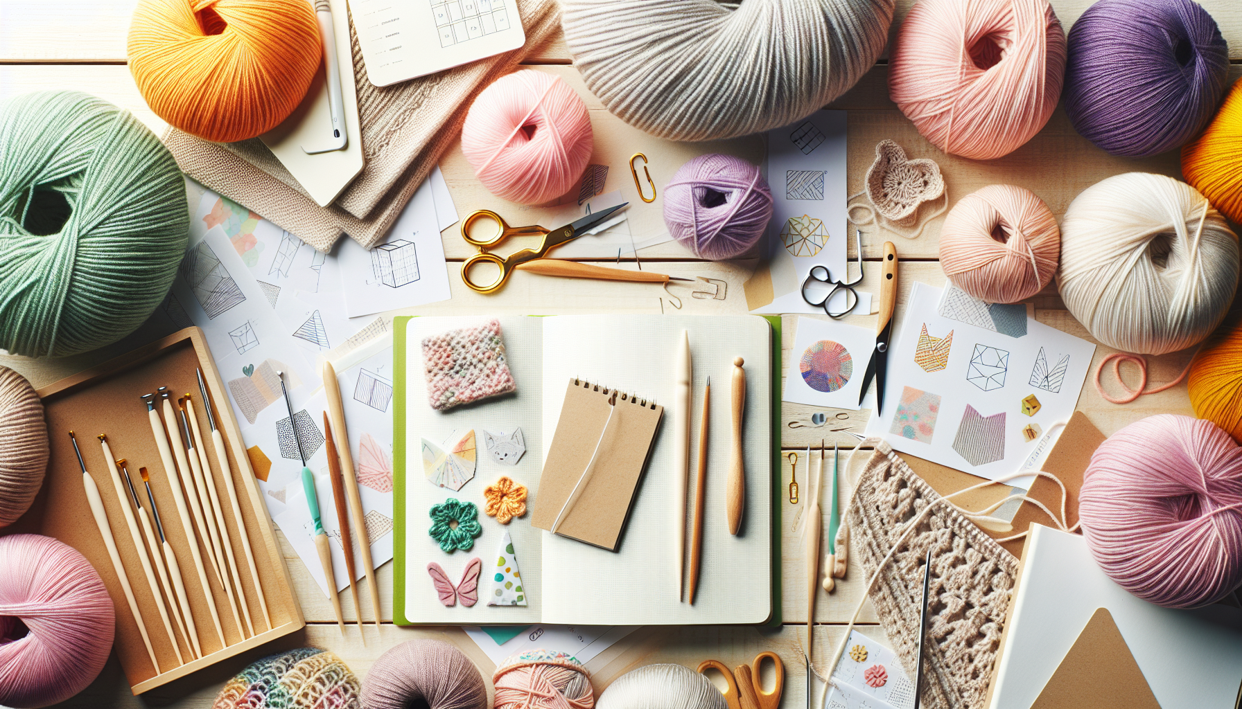 Flat lay of Swedish knitting, crocheting, origami, colorful yarn, and pattern sheets in Scandinavian style, perfect for craft blog header.