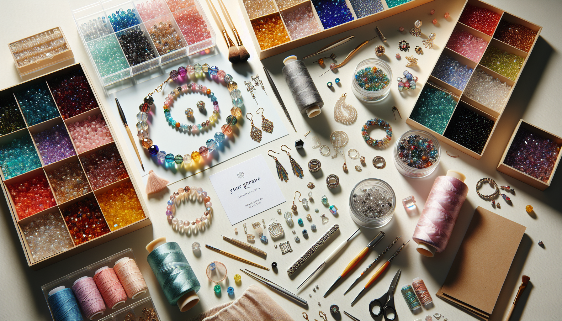 Overhead view of a creative workspace with Firepolish glass beads, jewelry, tools, and Hilmaspyssel.se branding on a bright white table.